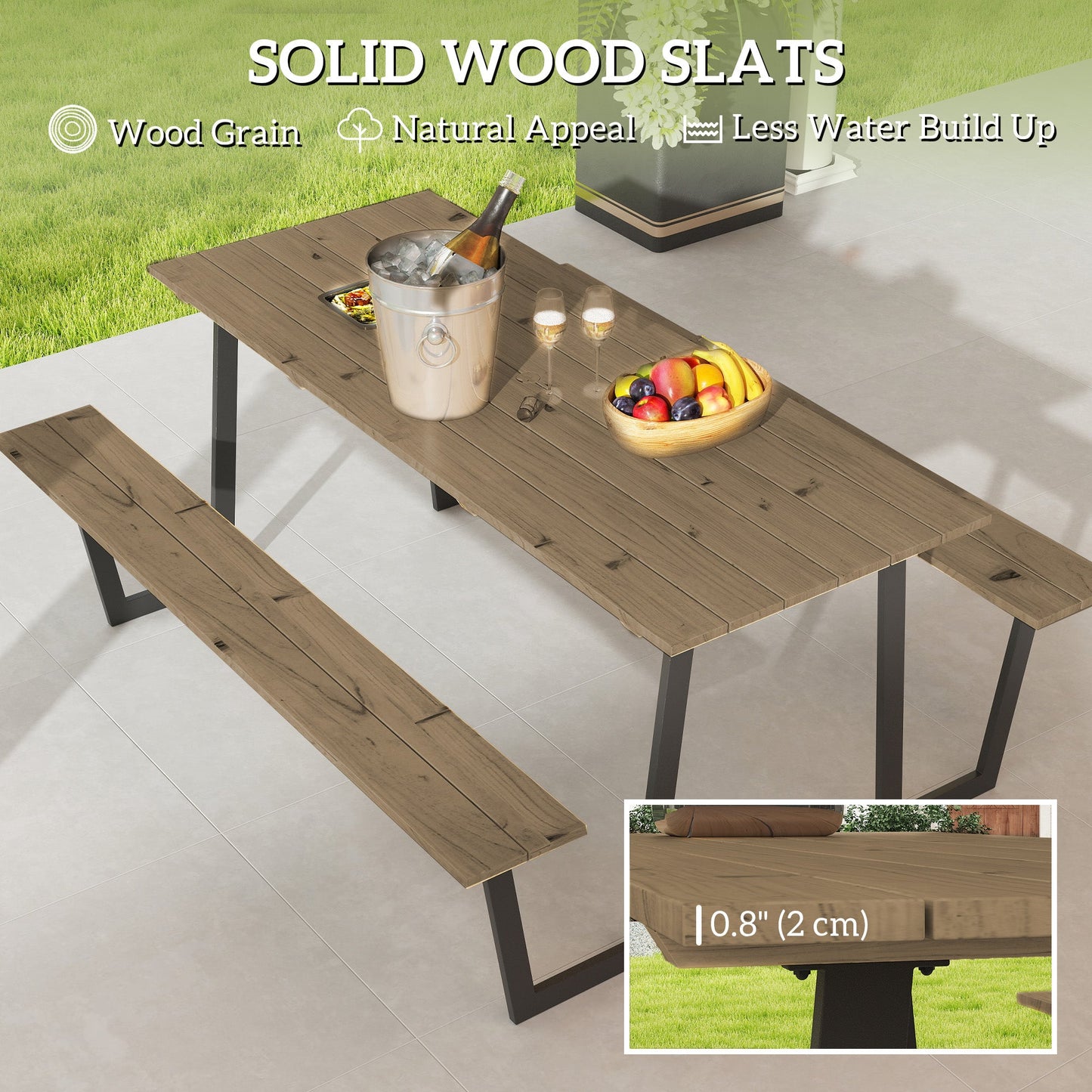 Outdoor Picnic Table Bench Set with 2" Umbrella Hole, 5.7 FT Picnic Dining Table and 794 LBS Benches with Spruce Wood Tabletop and Steel Frame for Patio, Backyard, Brown