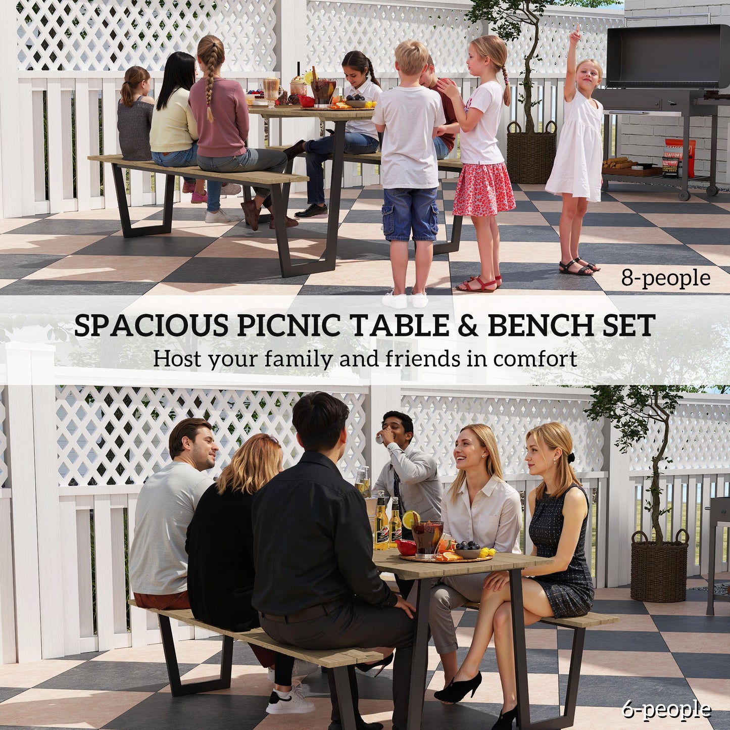 Outdoor Picnic Table Bench Set with 2" Umbrella Hole, 5.7 FT Picnic Dining Table and 794 LBS Benches with Spruce Wood Tabletop and Steel Frame for Patio, Backyard, Brown