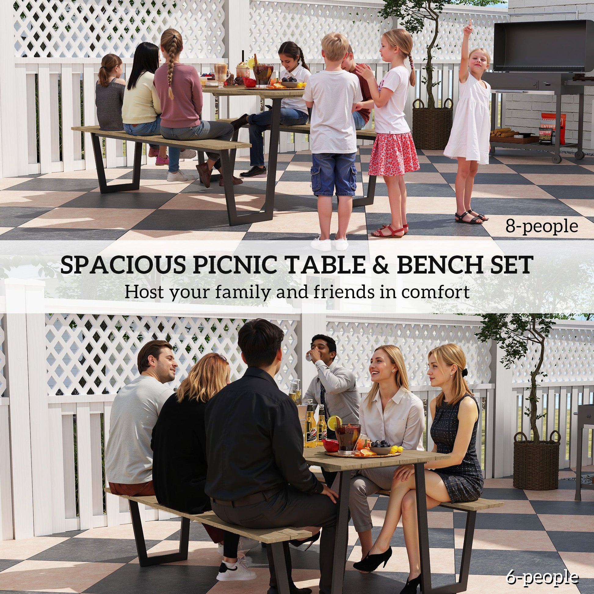 Outdoor Picnic Table Bench Set with 2" Umbrella Hole, 5.7 FT Picnic Dining Table and 794 LBS Benches with Spruce Wood Tabletop and Steel Frame for Patio, Backyard, Brown