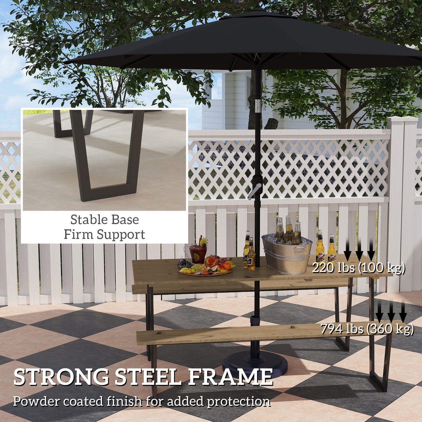 Outdoor Picnic Table Bench Set with 2" Umbrella Hole, 5.7 FT Picnic Dining Table and 794 LBS Benches with Spruce Wood Tabletop and Steel Frame for Patio, Backyard, Brown