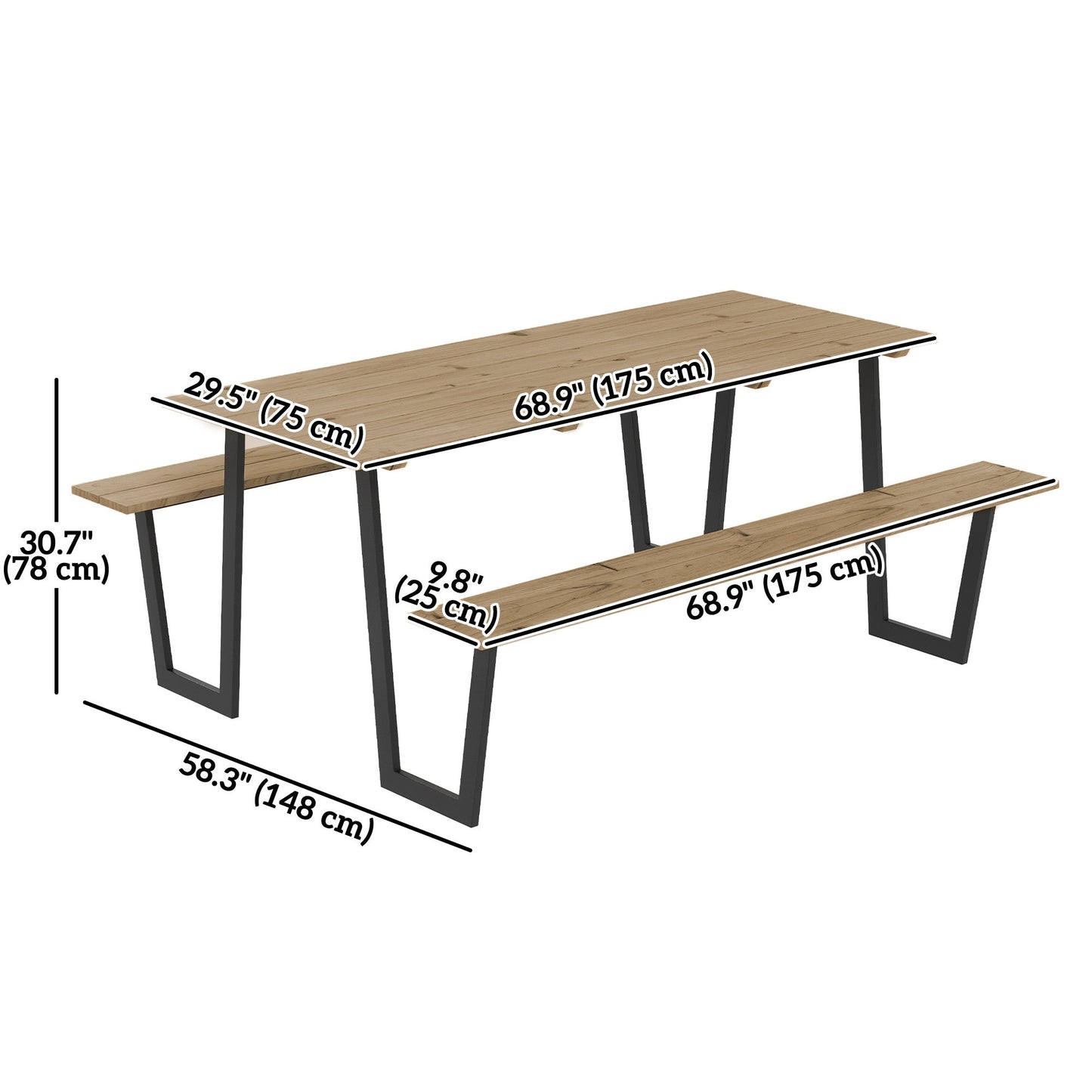 Outdoor Picnic Table Bench Set with 2" Umbrella Hole, 5.7 FT Picnic Dining Table and 794 LBS Benches with Spruce Wood Tabletop and Steel Frame for Patio, Backyard, Brown