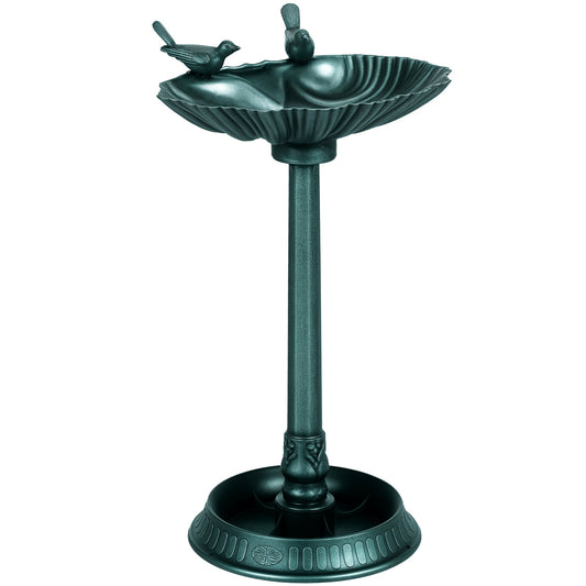 32" Tall Bird Bath with 2 Decorative Birds, Vintage Style Birdbath with Flower Planter Base, Planter Decoration Yard Statue, Bronze Green