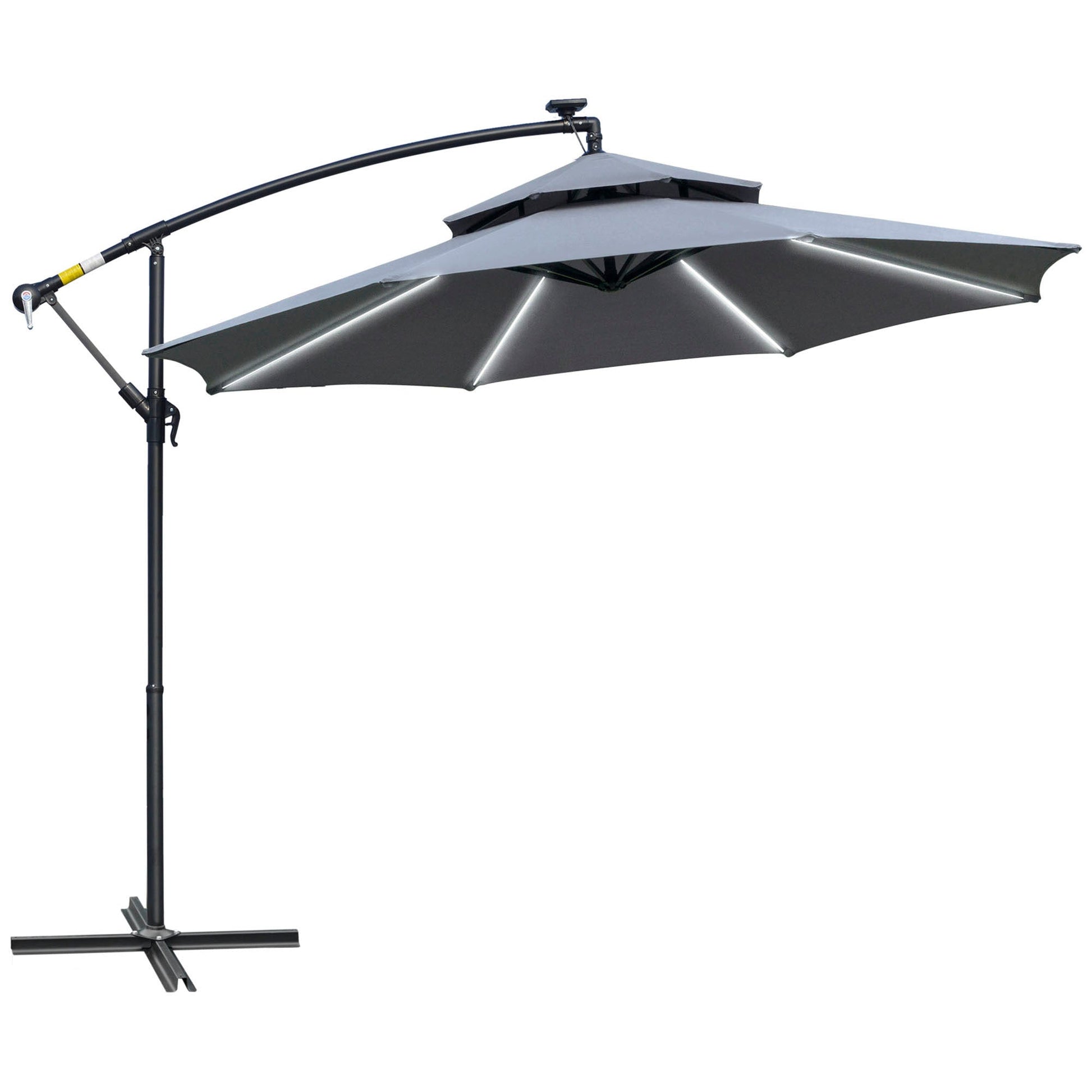 10FT Solar Powered Patio Umbrella, Round Offset Cantilever Umbrella with Crank and Cross Base for Outdoor, Pool and Garden, Hanging Umbrella with LED Lights, Grey