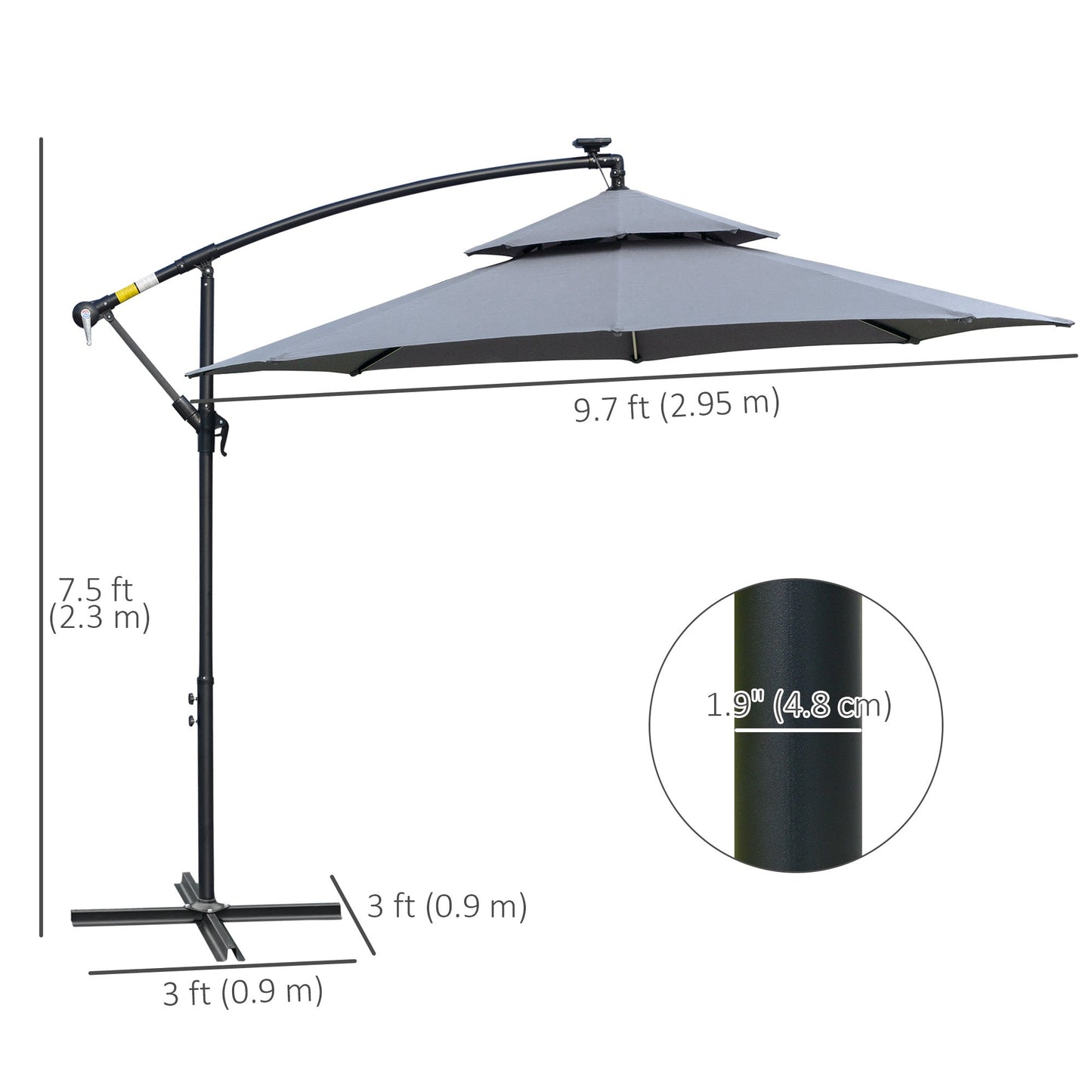10FT Solar Powered Patio Umbrella, Round Offset Cantilever Umbrella with Crank and Cross Base for Outdoor, Pool and Garden, Hanging Umbrella with LED Lights, Grey
