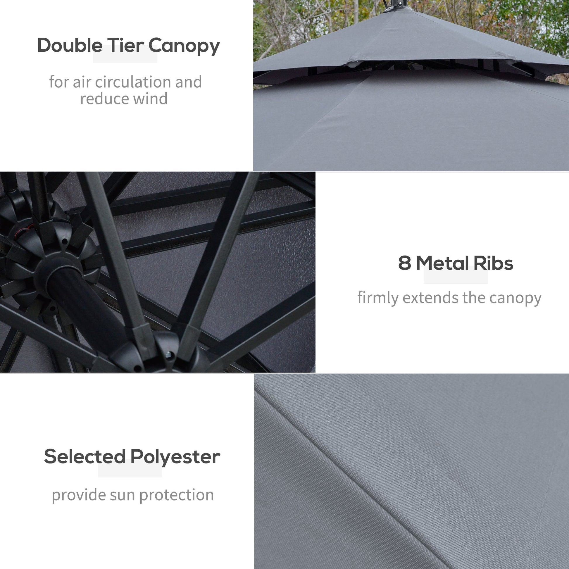 10FT Solar Powered Patio Umbrella, Round Offset Cantilever Umbrella with Crank and Cross Base for Outdoor, Pool and Garden, Hanging Umbrella with LED Lights, Grey