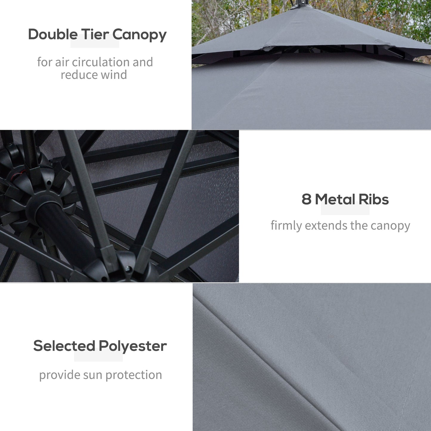 10FT Solar Powered Patio Umbrella, Round Offset Cantilever Umbrella with Crank and Cross Base for Outdoor, Pool and Garden, Hanging Umbrella with LED Lights, Grey