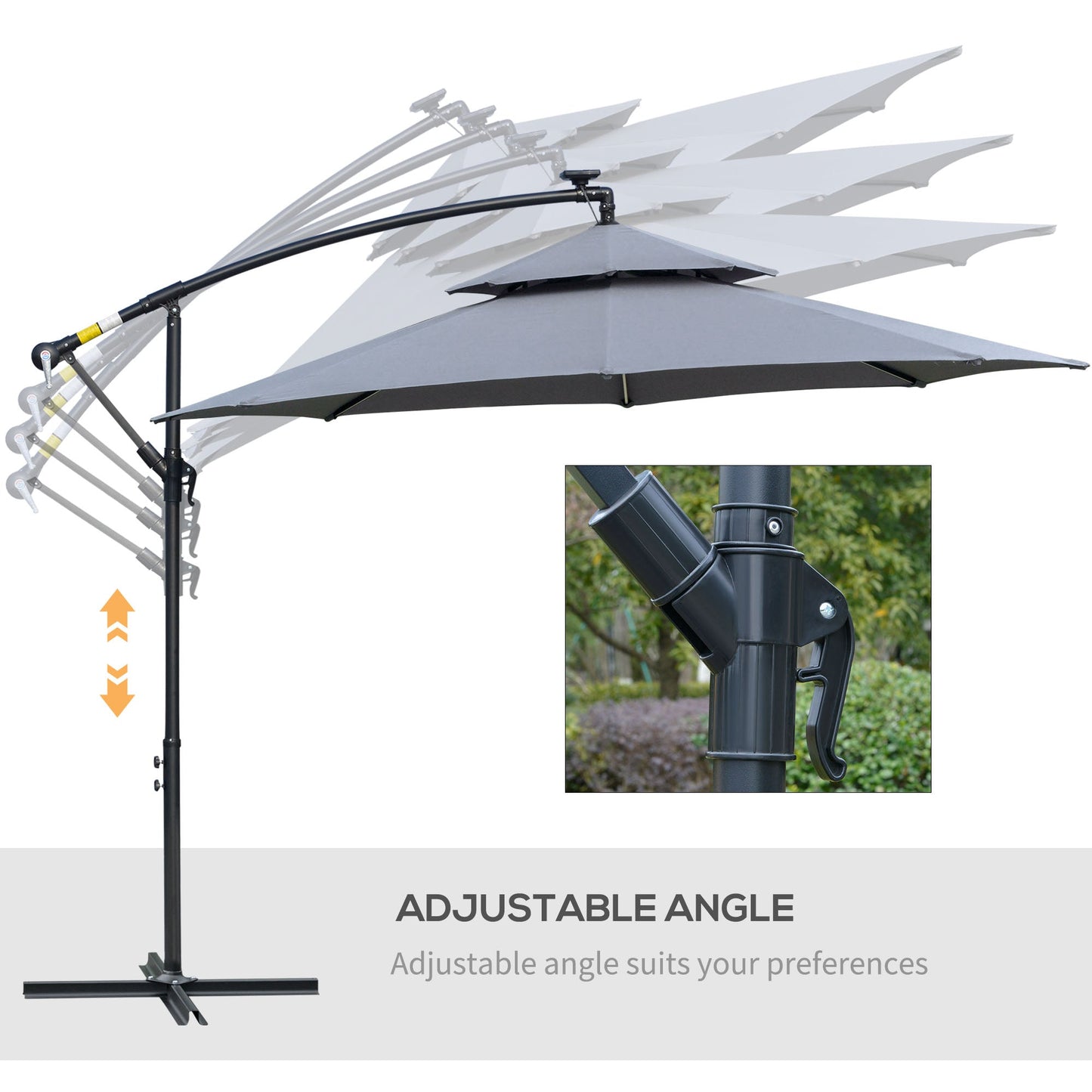10FT Solar Powered Patio Umbrella, Round Offset Cantilever Umbrella with Crank and Cross Base for Outdoor, Pool and Garden, Hanging Umbrella with LED Lights, Grey
