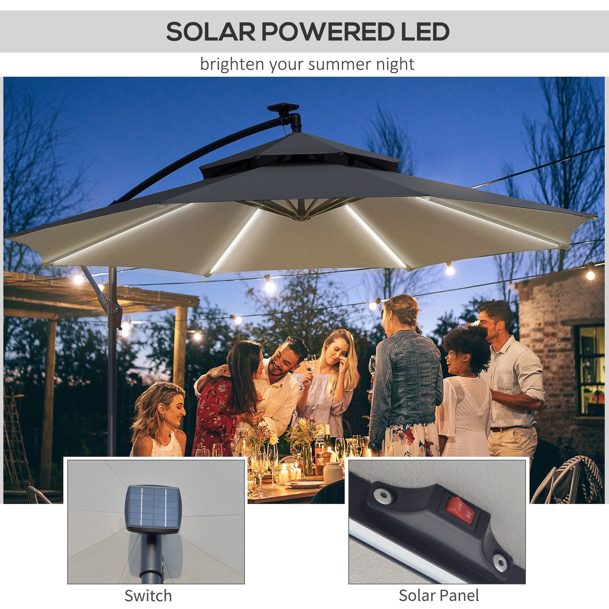 10FT Solar Powered Patio Umbrella, Round Offset Cantilever Umbrella with Crank and Cross Base for Outdoor, Pool and Garden, Hanging Umbrella with LED Lights, Grey