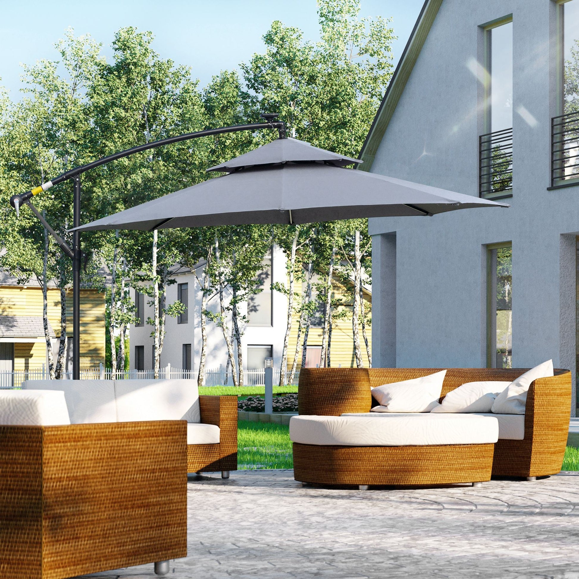 10FT Solar Powered Patio Umbrella, Round Offset Cantilever Umbrella with Crank and Cross Base for Outdoor, Pool and Garden, Hanging Umbrella with LED Lights, Grey