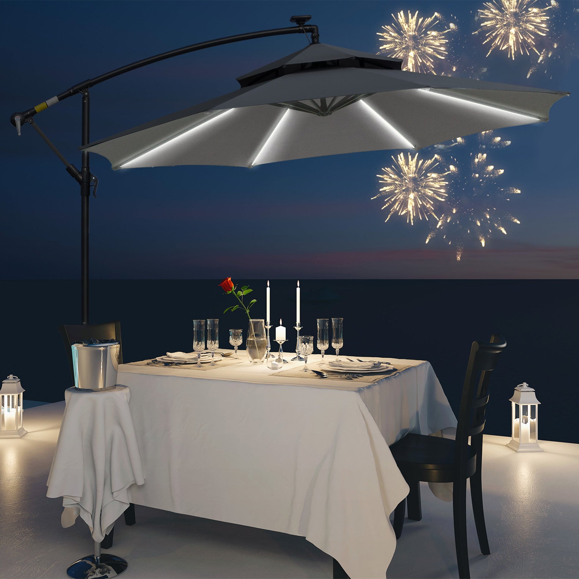 10FT Solar Powered Patio Umbrella, Round Offset Cantilever Umbrella with Crank and Cross Base for Outdoor, Pool and Garden, Hanging Umbrella with LED Lights, Grey