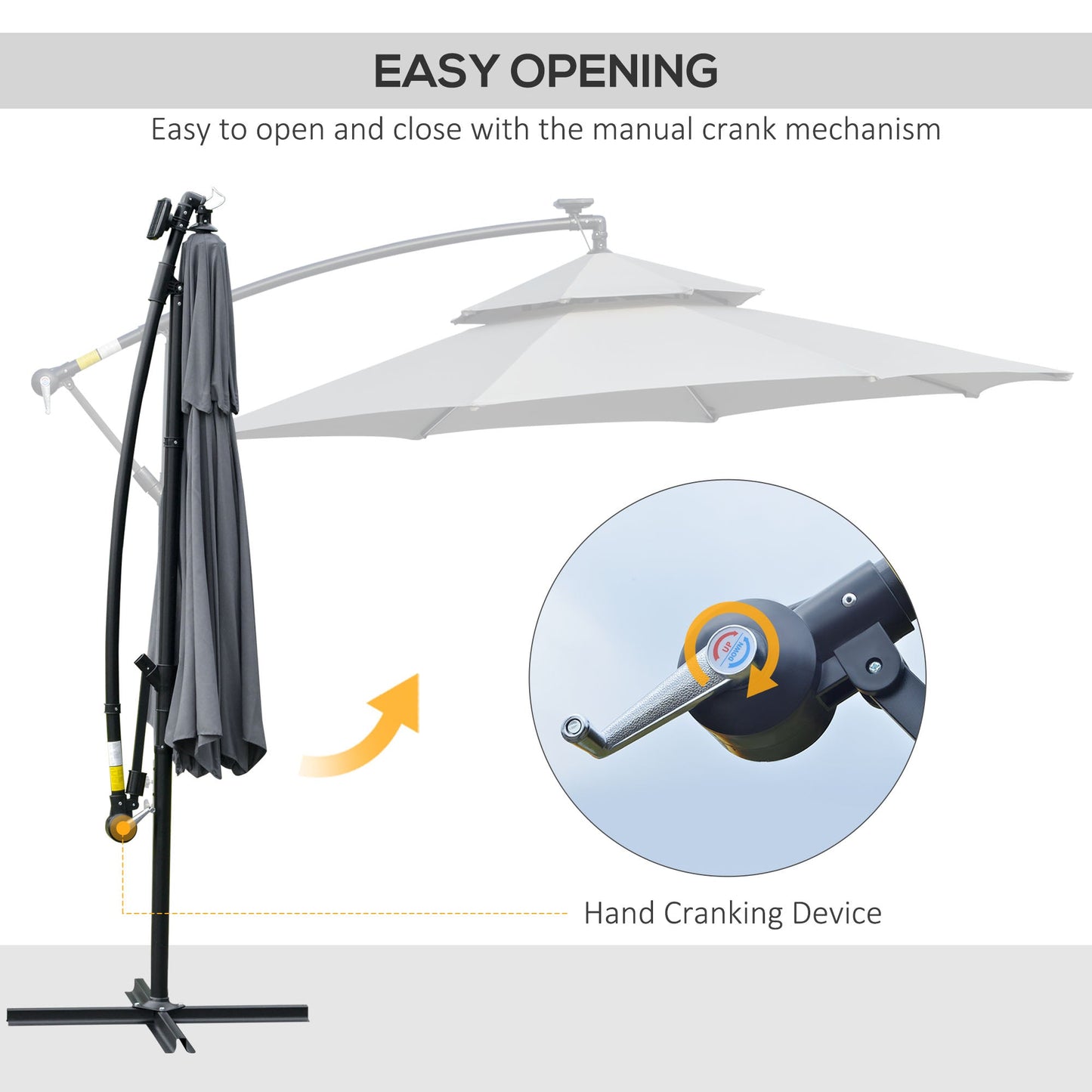 10FT Solar Powered Patio Umbrella, Round Offset Cantilever Umbrella with Crank and Cross Base for Outdoor, Pool and Garden, Hanging Umbrella with LED Lights, Grey