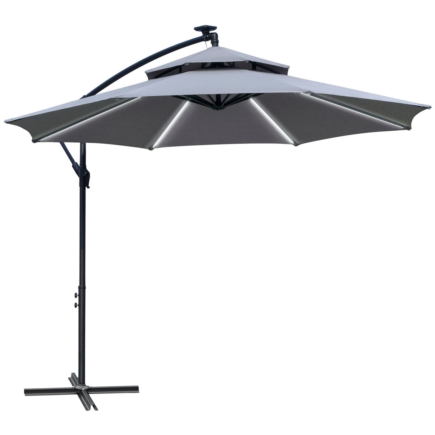 10FT Solar Powered Patio Umbrella, Round Offset Cantilever Umbrella with Crank and Cross Base for Outdoor, Pool and Garden, Hanging Umbrella with LED Lights, Grey