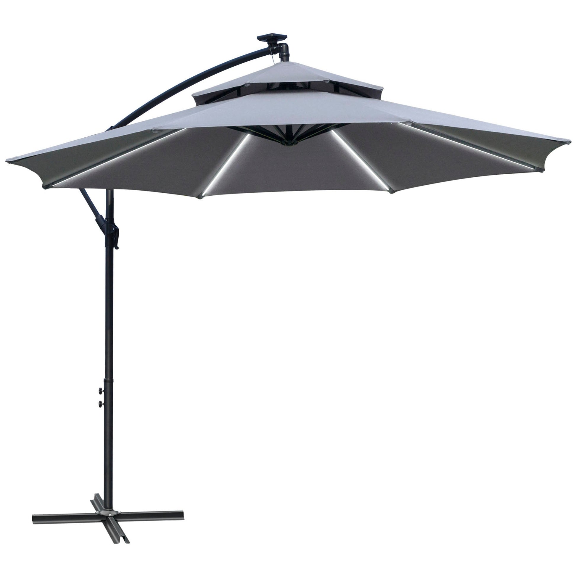 10FT Solar Powered Patio Umbrella, Round Offset Cantilever Umbrella with Crank and Cross Base for Outdoor, Pool and Garden, Hanging Umbrella with LED Lights, Grey