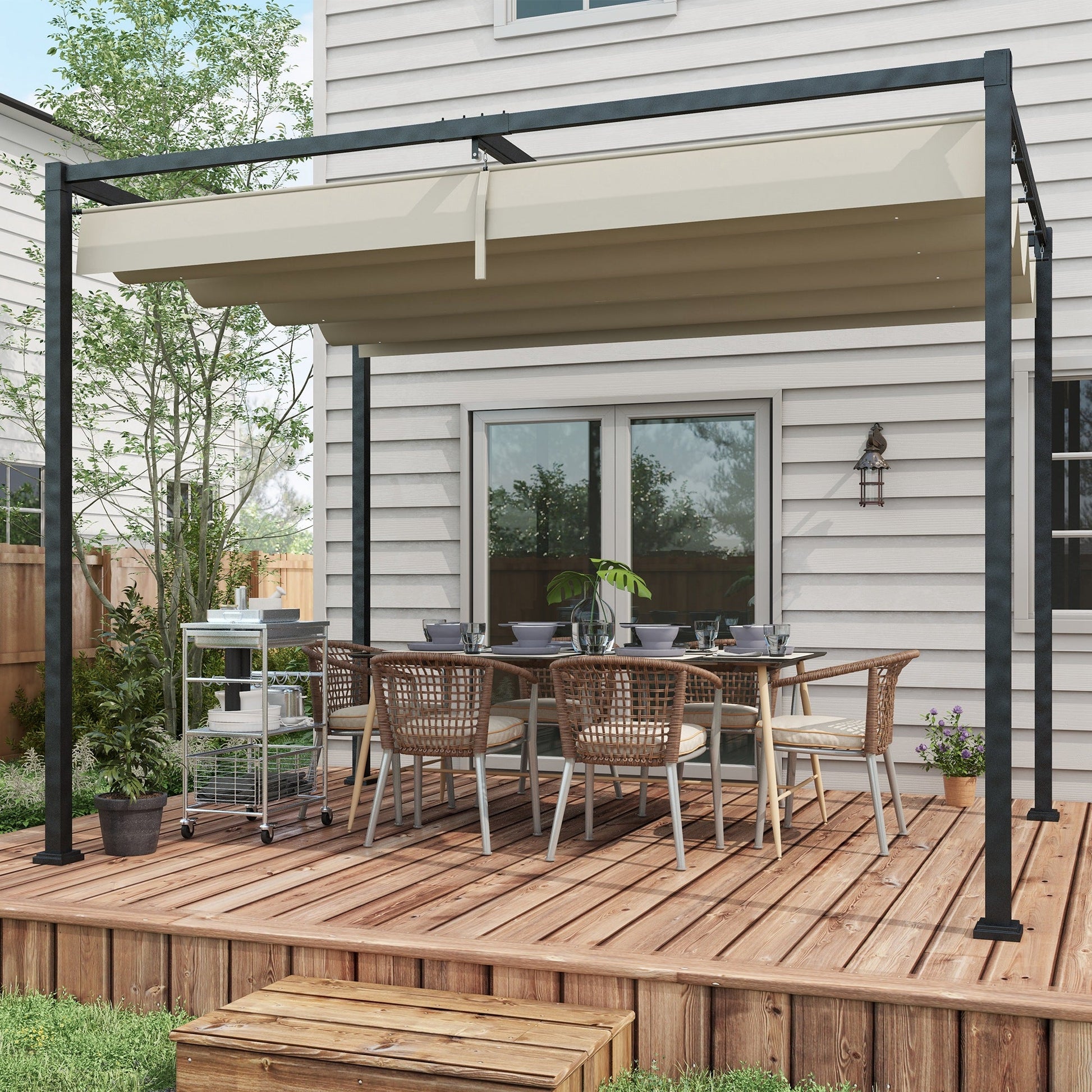 10' x 7' Patio Pergola with Retractable Canopy, Outdoor Sun Shelter, Yard Shade, Cream White