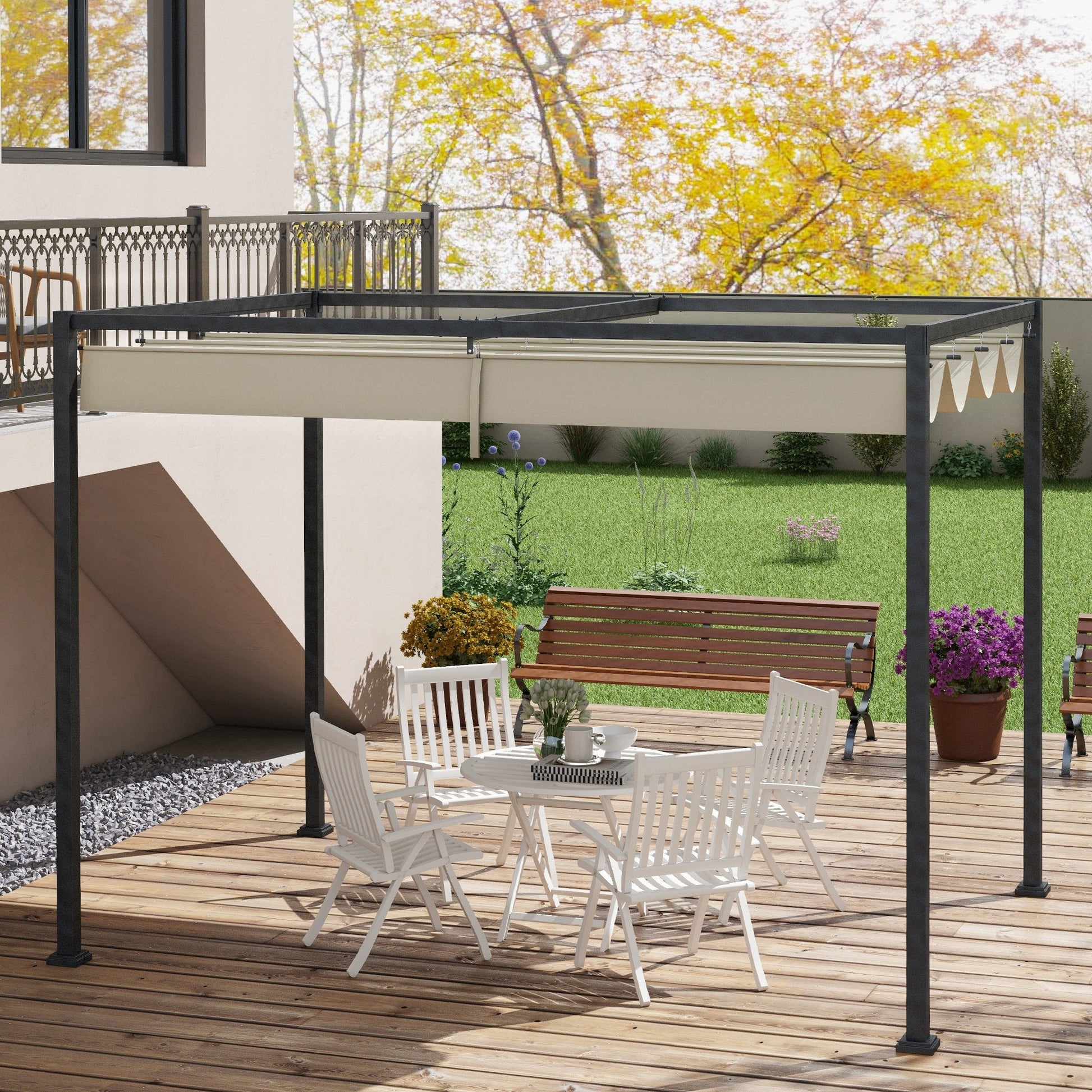 10' x 7' Patio Pergola with Retractable Canopy, Outdoor Sun Shelter, Yard Shade, Cream White