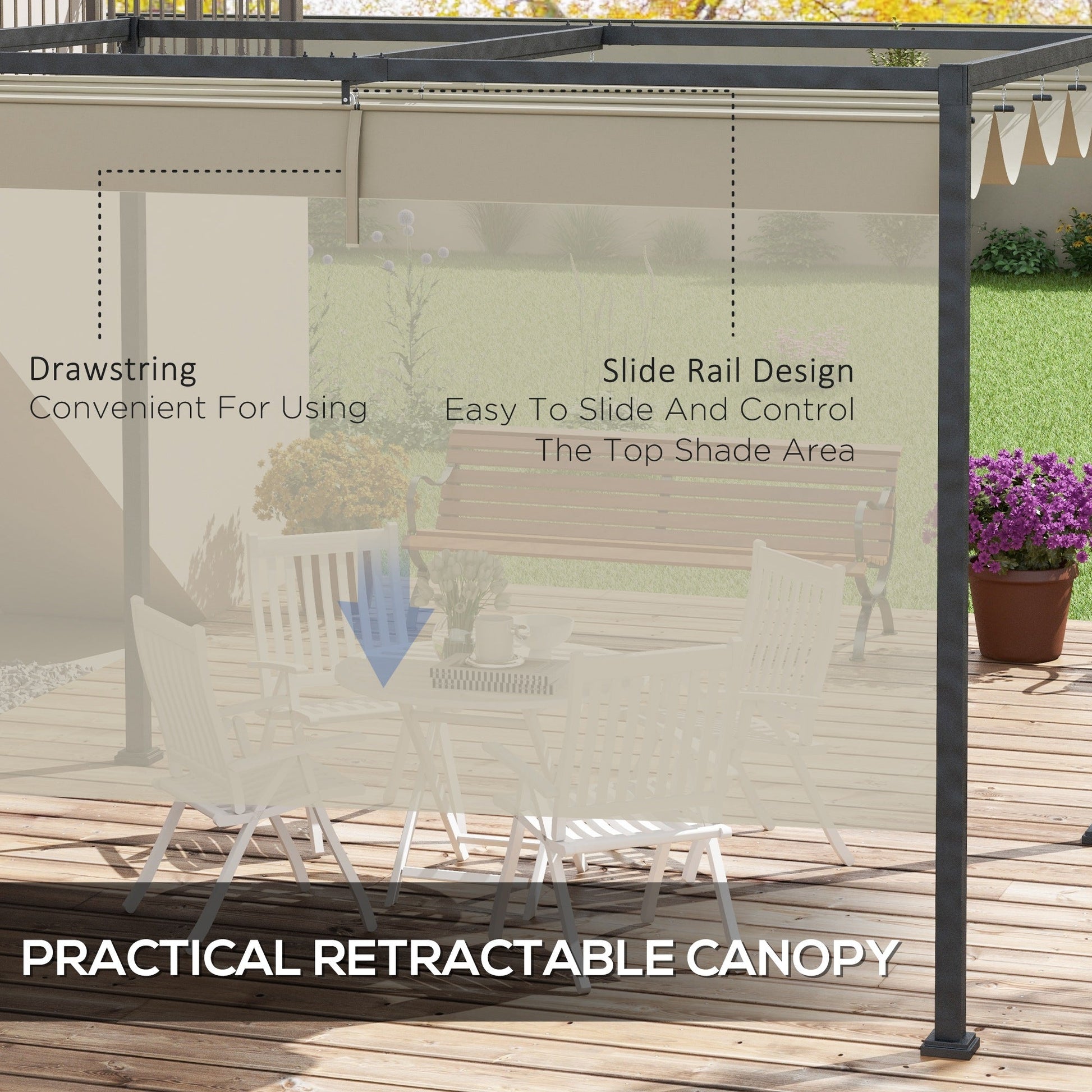 10' x 7' Patio Pergola with Retractable Canopy, Outdoor Sun Shelter, Yard Shade, Cream White