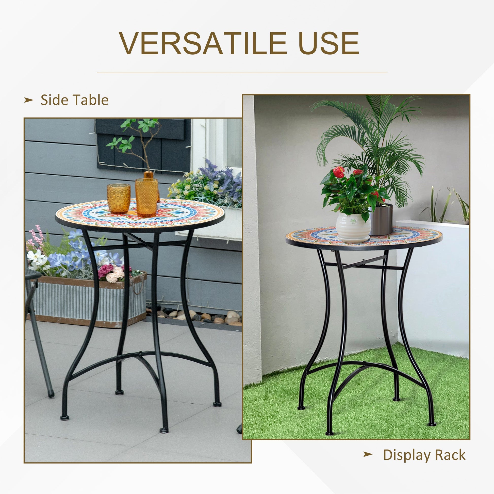 23.5" Mosaic Round Patio Table with Ceramic Tabletop, Metal Balcony Side Bistro Coffee Table, Outdoor Furniture for Patio Garden, Red