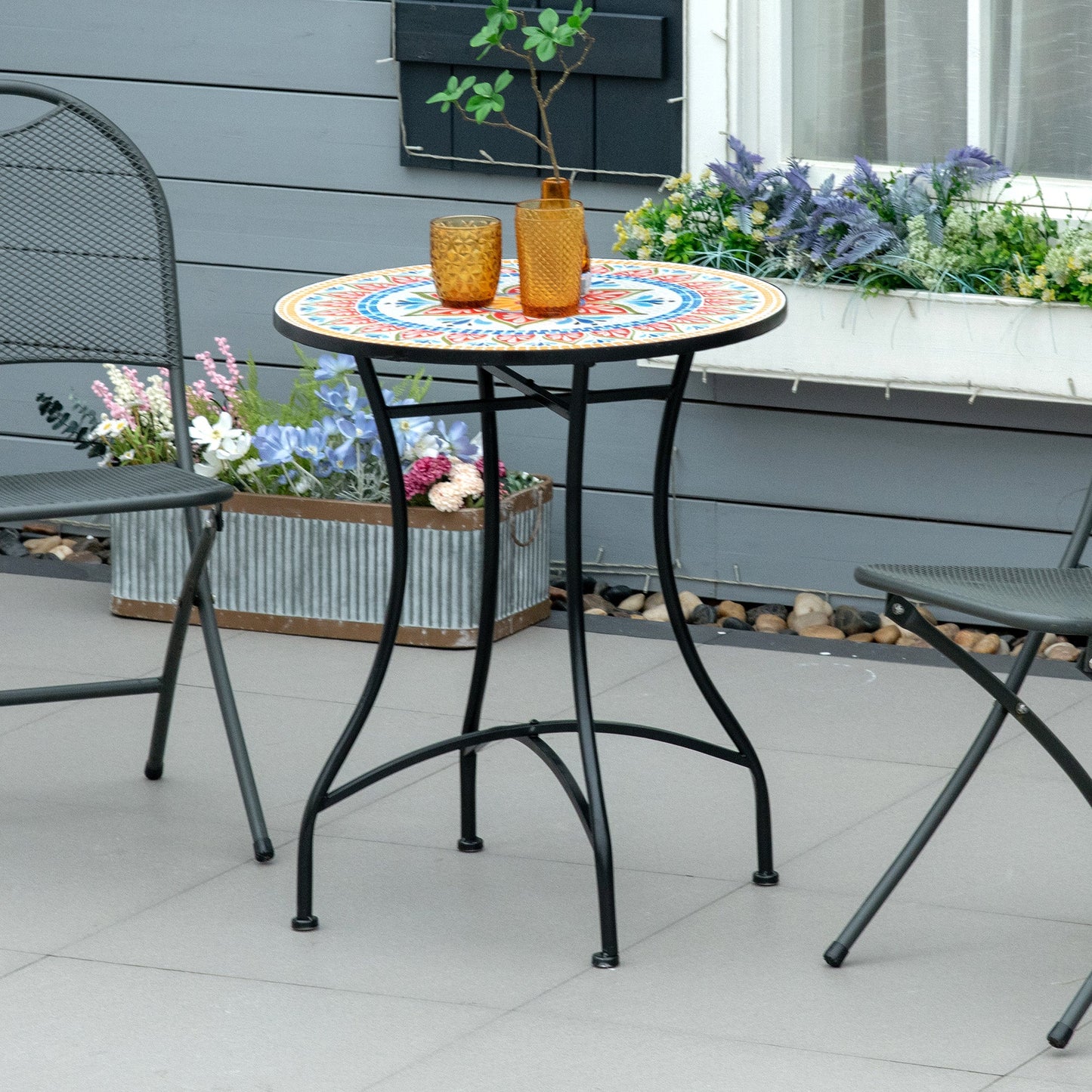23.5" Mosaic Round Patio Table with Ceramic Tabletop, Metal Balcony Side Bistro Coffee Table, Outdoor Furniture for Patio Garden, Red
