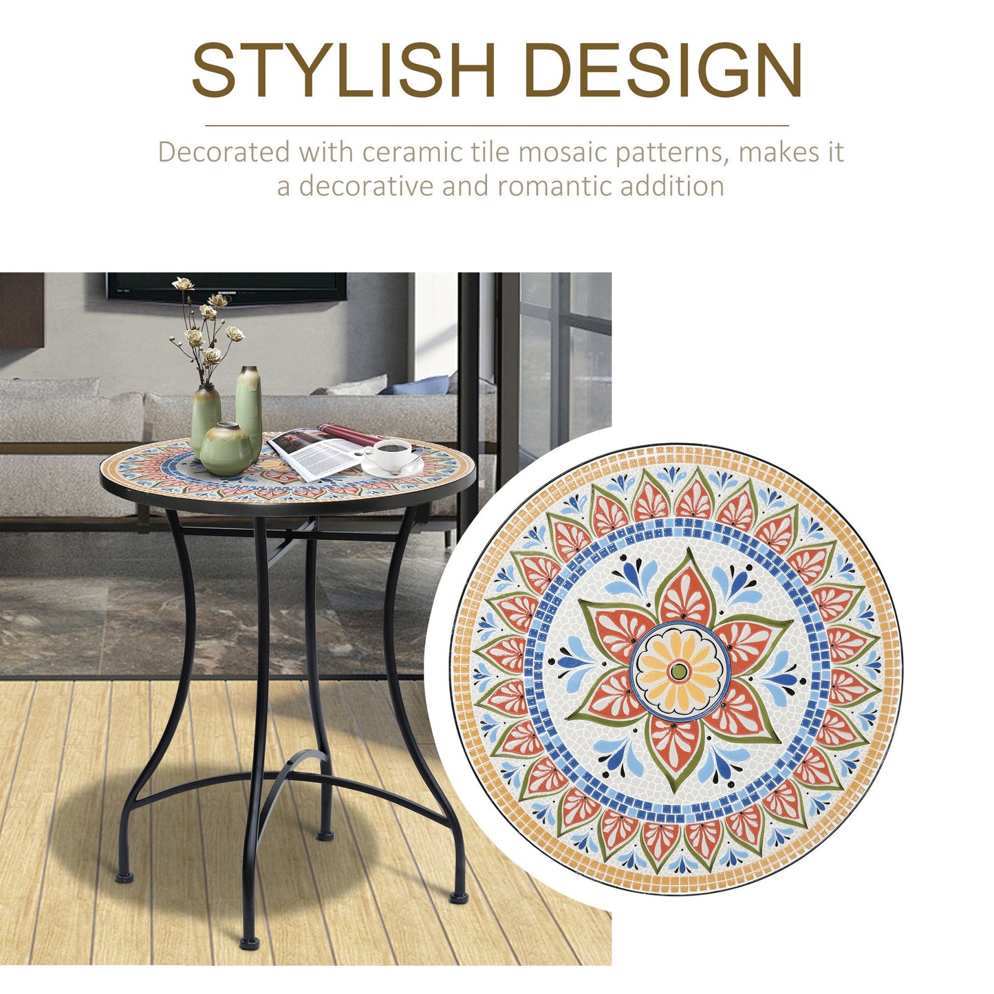 23.5" Mosaic Round Patio Table with Ceramic Tabletop, Metal Balcony Side Bistro Coffee Table, Outdoor Furniture for Patio Garden, Red