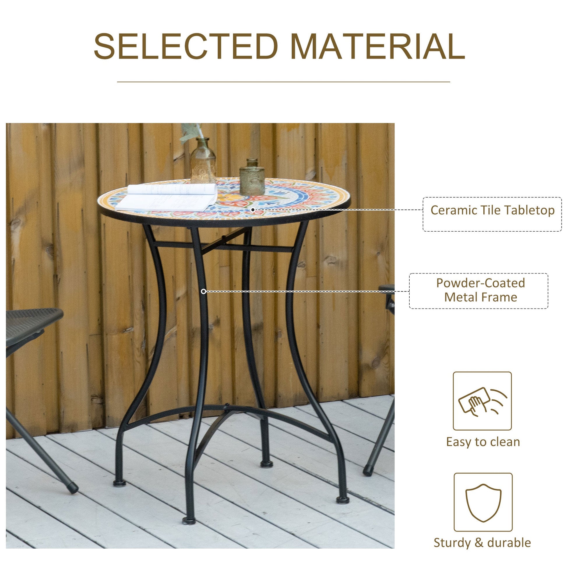 23.5" Mosaic Round Patio Table with Ceramic Tabletop, Metal Balcony Side Bistro Coffee Table, Outdoor Furniture for Patio Garden, Red
