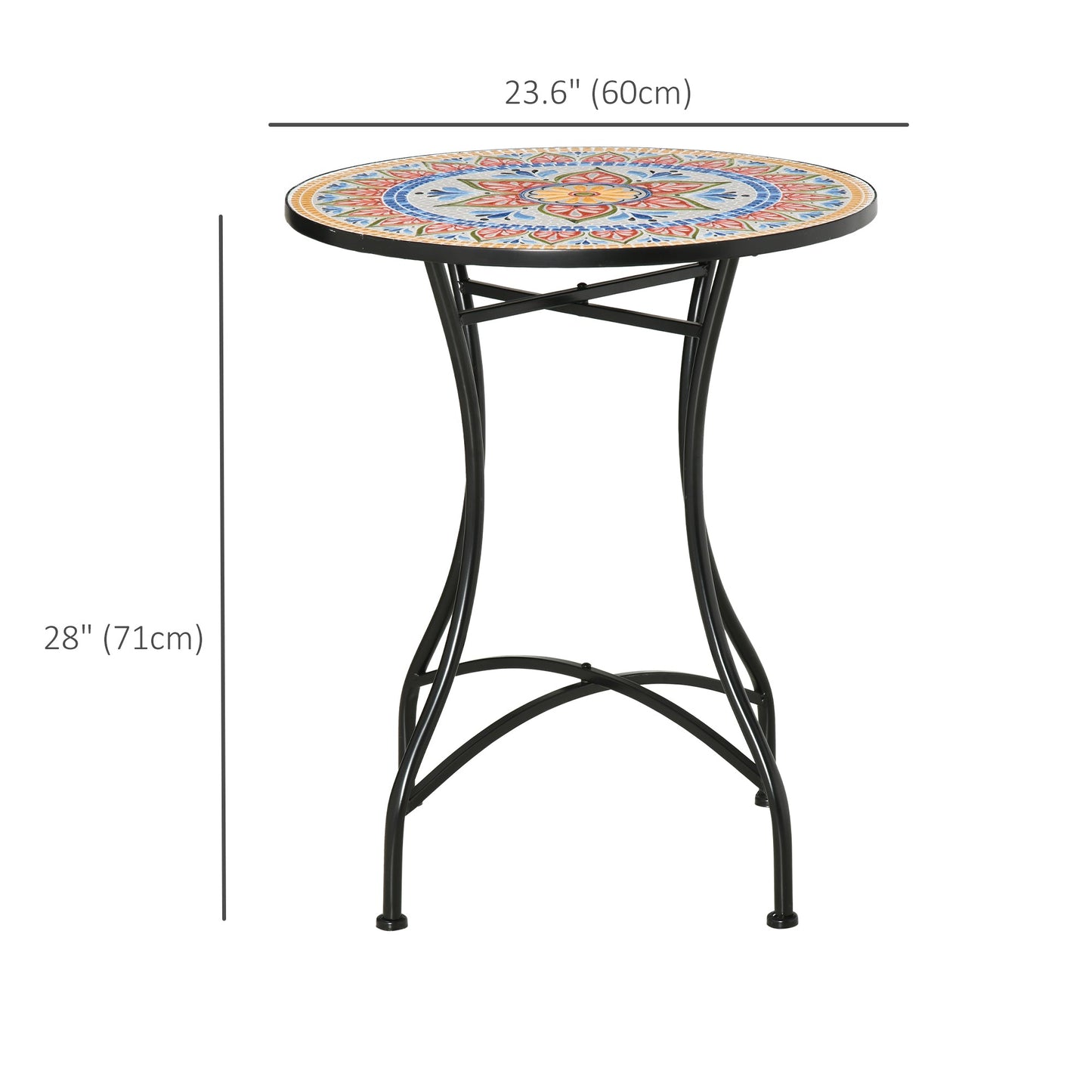 23.5" Mosaic Round Patio Table with Ceramic Tabletop, Metal Balcony Side Bistro Coffee Table, Outdoor Furniture for Patio Garden, Red