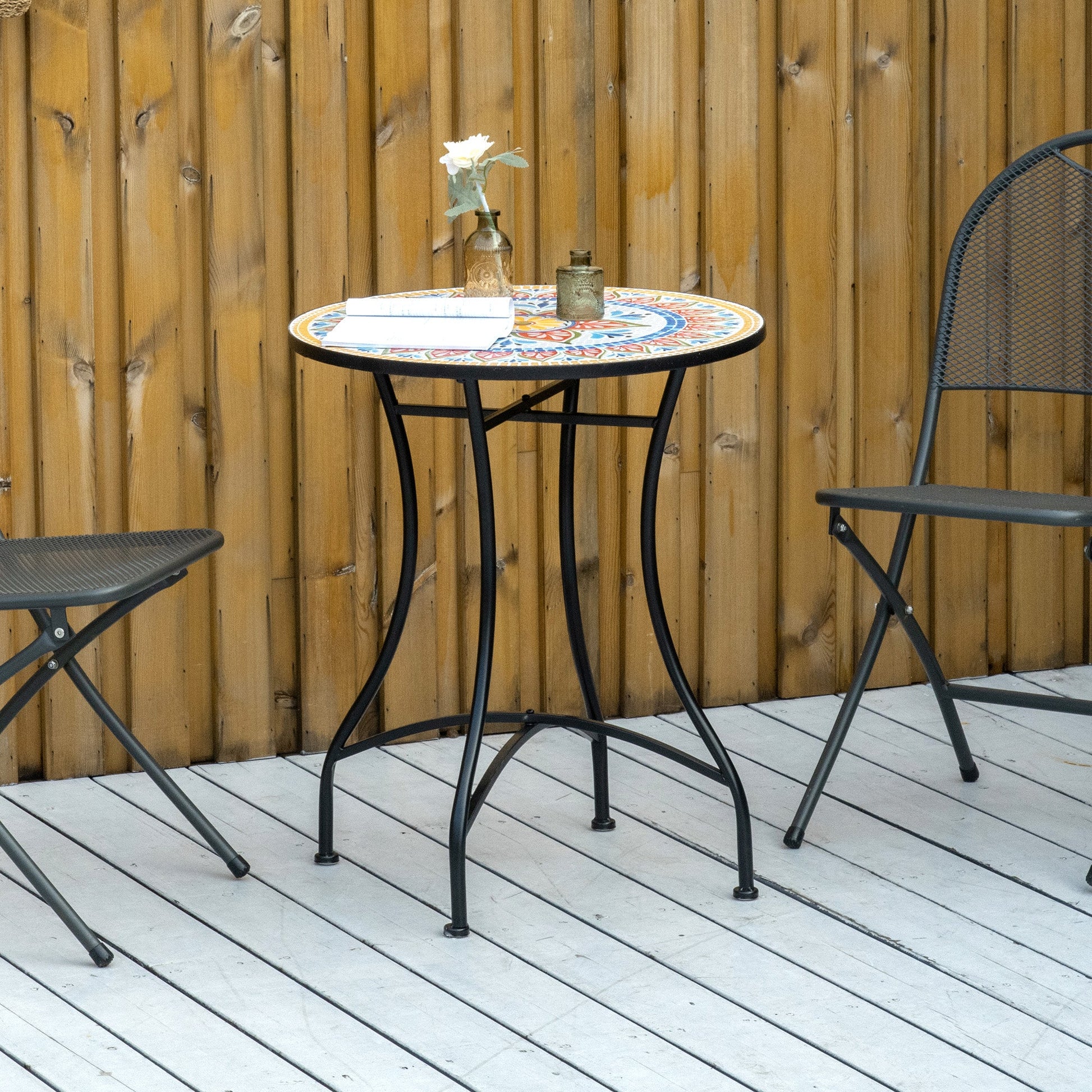 23.5" Mosaic Round Patio Table with Ceramic Tabletop, Metal Balcony Side Bistro Coffee Table, Outdoor Furniture for Patio Garden, Red