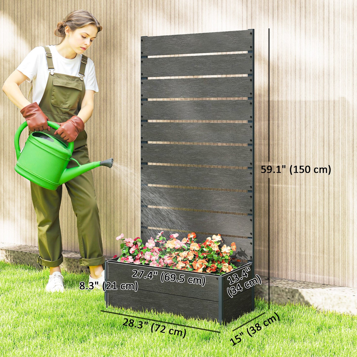 Raised Garden Bed with Trellis for Climbing Plants, 28" x 15" x 59" Planter Box with Self Draining Gap, Freestanding Trellis Planter for Outdoor, Patio, Dark Grey