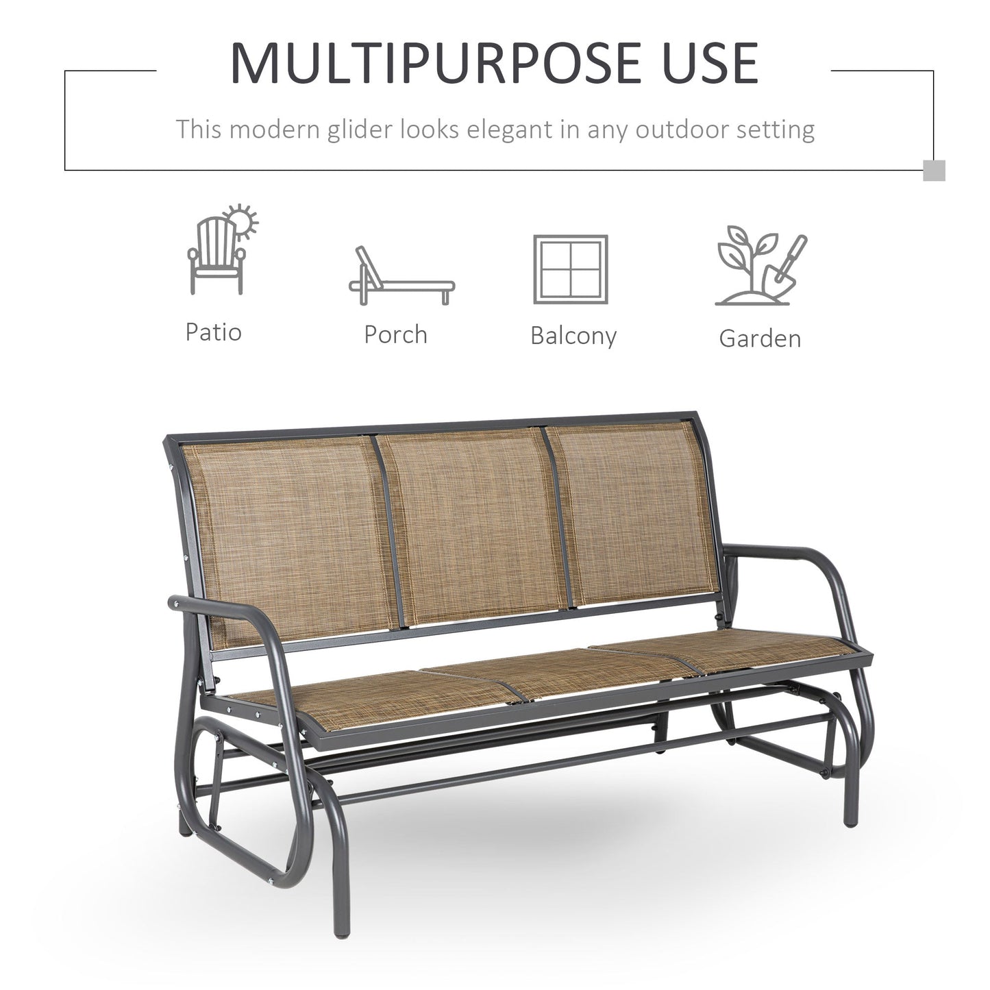 3-Seat Outdoor Glider Chair, Patio Glider Outdoor Rocking Chair with Steel Frame, Sling Fabric Seat for Garden, Backyard, Lawn, Light Mixed Brown