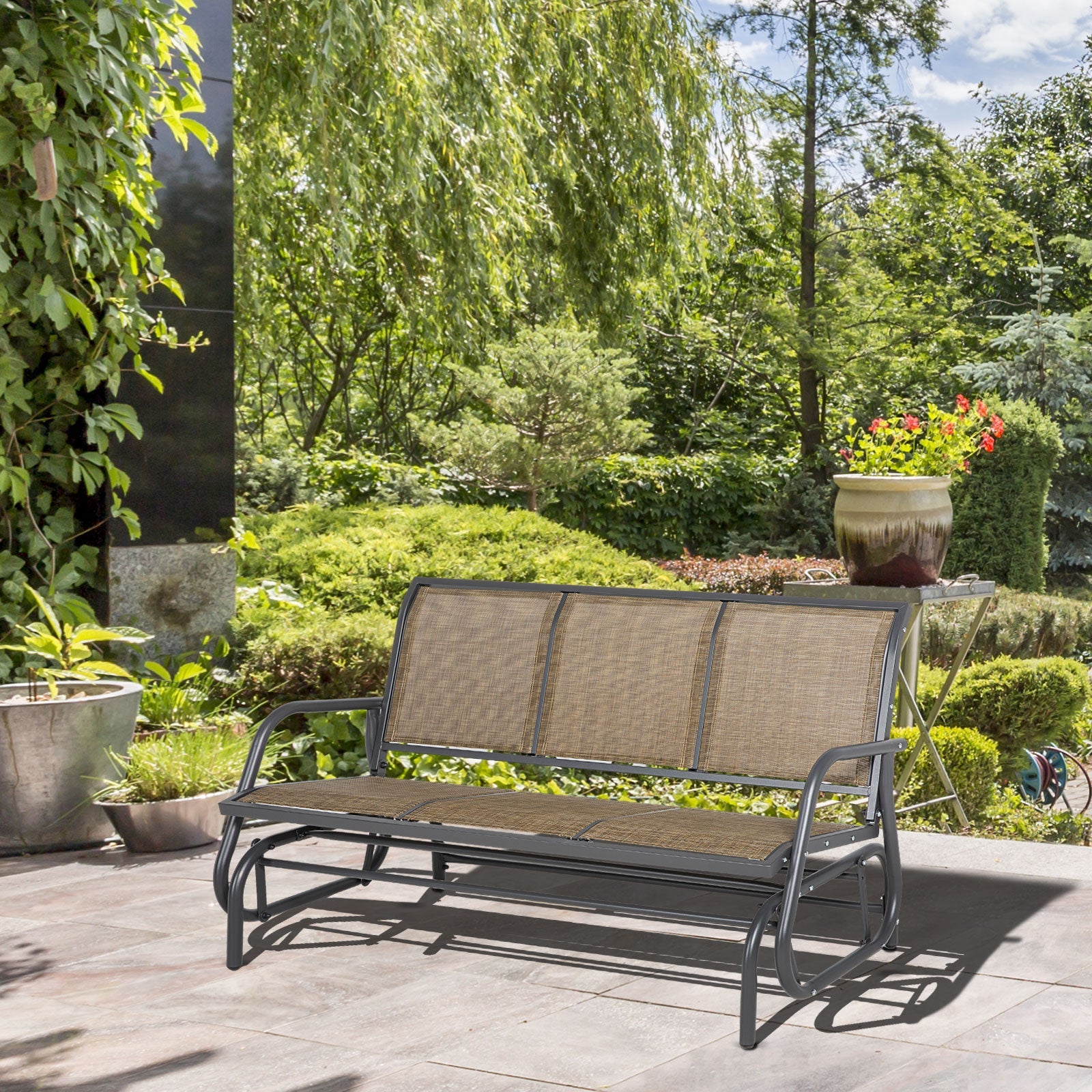 3-Seat Outdoor Glider Chair, Patio Glider Outdoor Rocking Chair with Steel Frame, Sling Fabric Seat for Garden, Backyard, Lawn, Light Mixed Brown