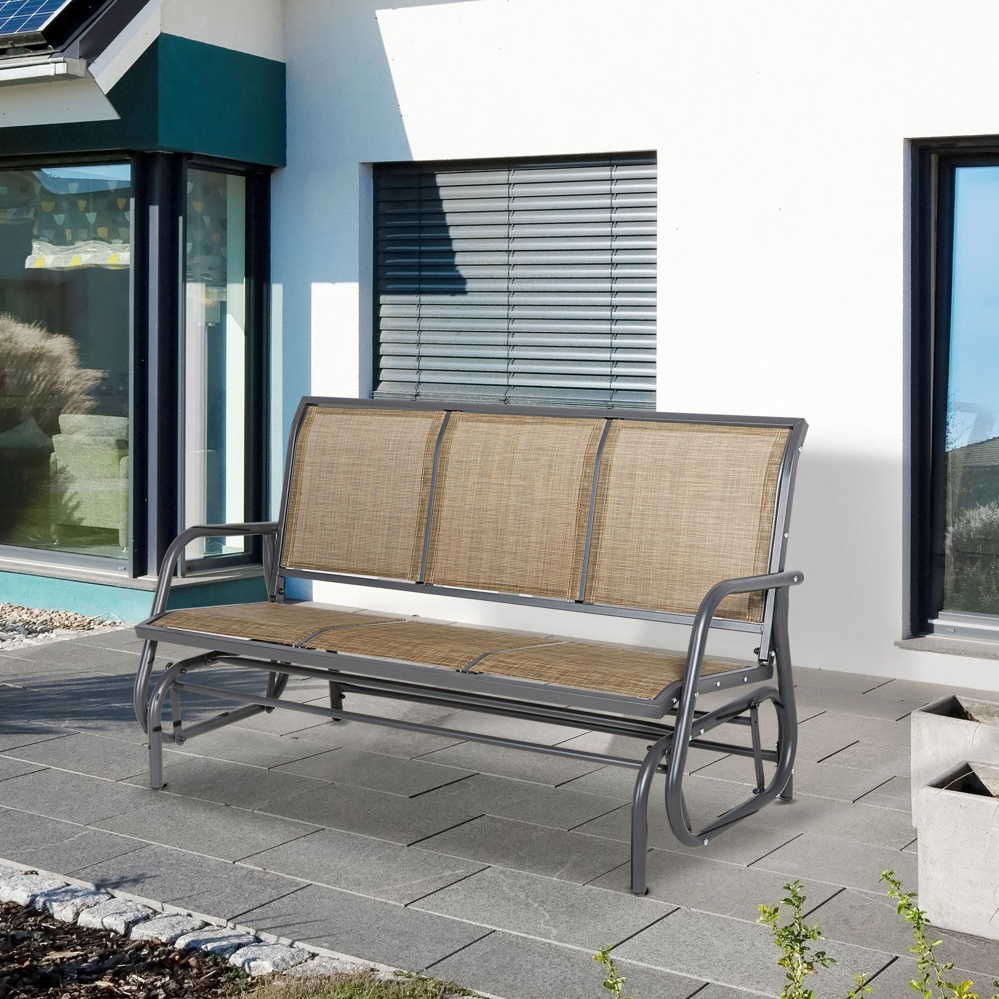3-Seat Outdoor Glider Chair, Patio Glider Outdoor Rocking Chair with Steel Frame, Sling Fabric Seat for Garden, Backyard, Lawn, Light Mixed Brown