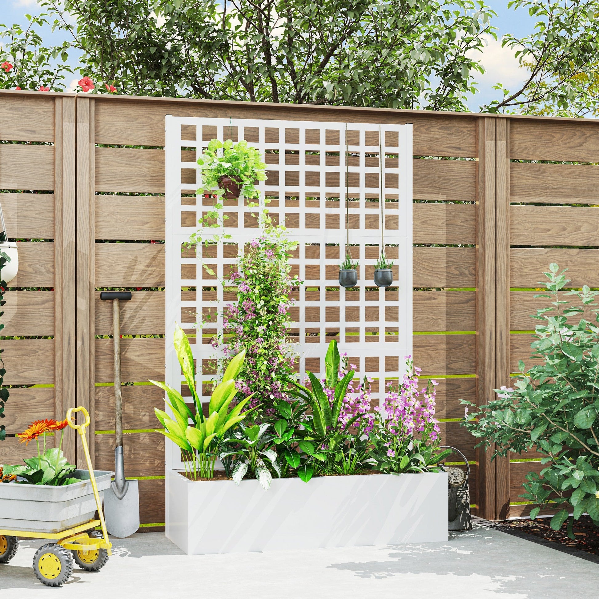 Galvanized Raised Garden Bed with Trellis, 43"x16"x70" Metal Planter Box with Drainage Holes, Outdoor Privacy Screen for Climbing Plant Vegetable Vine, White