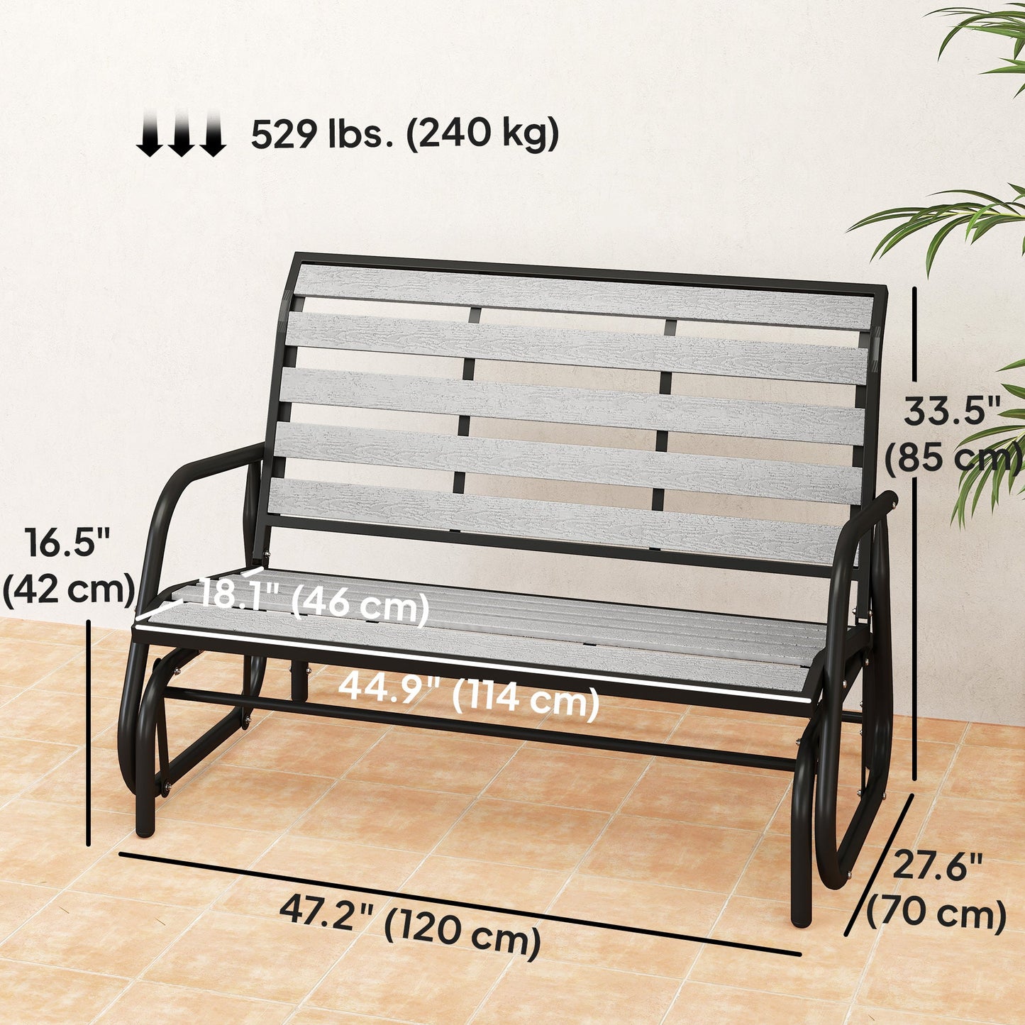 2 Person Outdoor Glider Bench, Patio Glider Swing Loveseat with Faux Wood Slatted Seat and Back, Outdoor Swing Bench with Steel Frame for Backyard, Garden, Porch, Grey