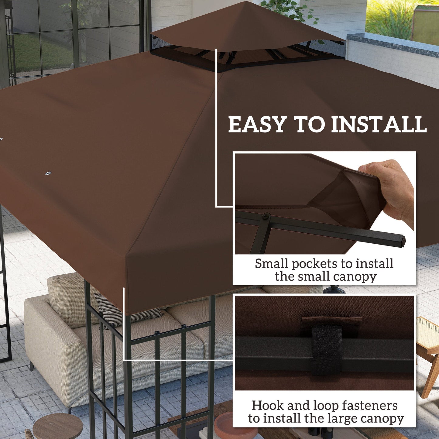 10' x 10' Gazebo Replacement Canopy Cover, 2-Tier Outdoor Gazebo Roof Replacement with Drain Holes, Water Resistant PVC Coating, 370g/㎡, UPF30+, TOP COVER ONLY, Coffee