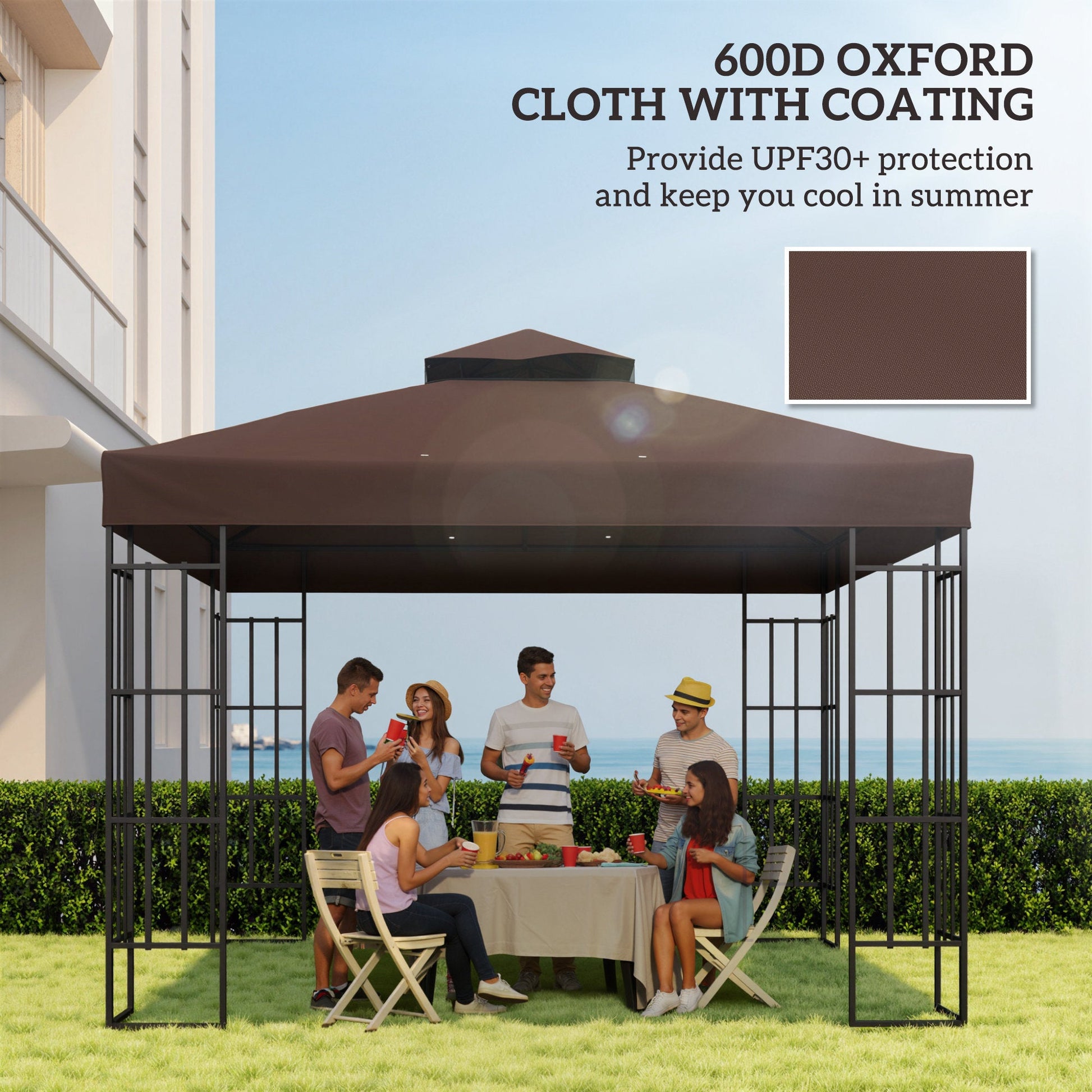 10' x 10' Gazebo Replacement Canopy Cover, 2-Tier Outdoor Gazebo Roof Replacement with Drain Holes, Water Resistant PVC Coating, 370g/㎡, UPF30+, TOP COVER ONLY, Coffee