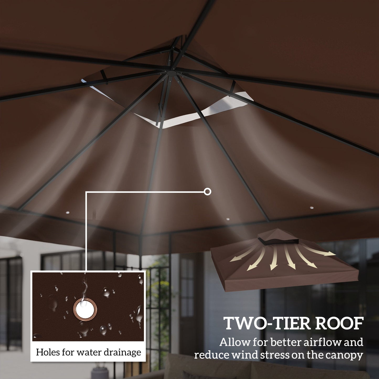 10' x 10' Gazebo Replacement Canopy Cover, 2-Tier Outdoor Gazebo Roof Replacement with Drain Holes, Water Resistant PVC Coating, 370g/㎡, UPF30+, TOP COVER ONLY, Coffee