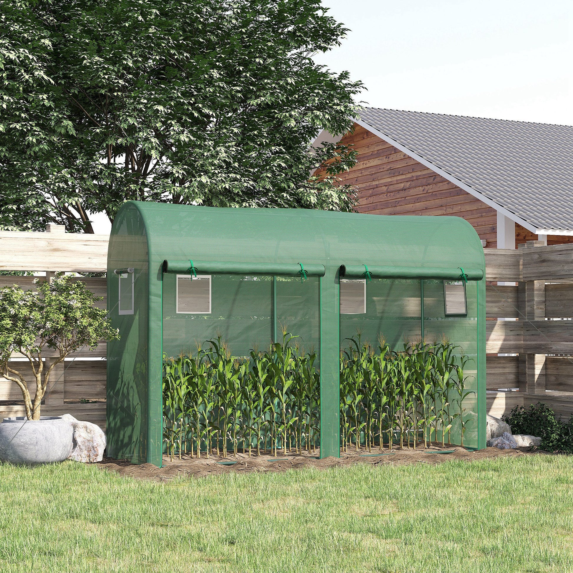 9.8' x 3.3' x 6.6' Outdoor Garden Greenhouse, Steel Frame Plant Growing Greenhouse with Double Doors and 4 Windows, PE Cover for Backyard, Patio, Green