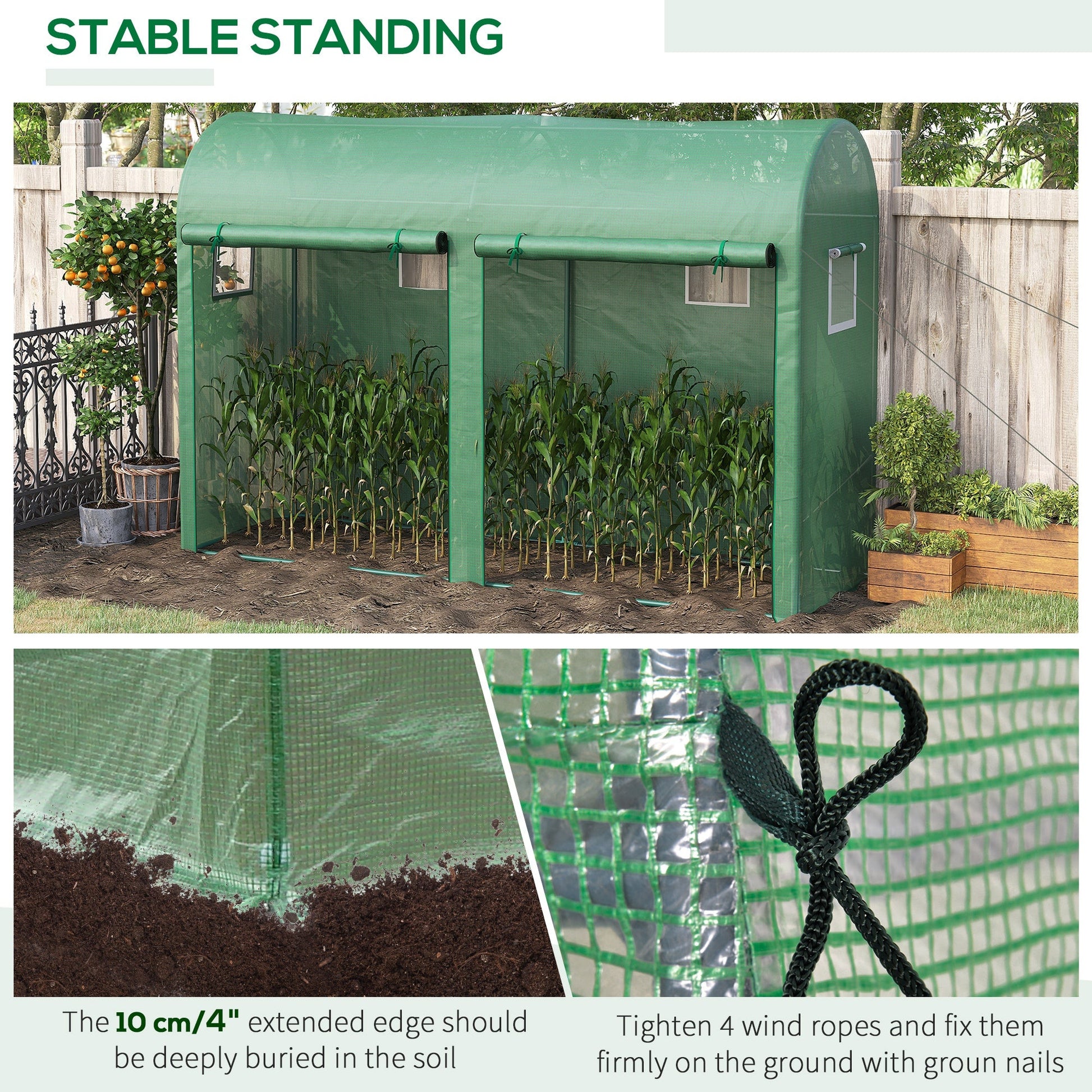 9.8' x 3.3' x 6.6' Outdoor Garden Greenhouse, Steel Frame Plant Growing Greenhouse with Double Doors and 4 Windows, PE Cover for Backyard, Patio, Green
