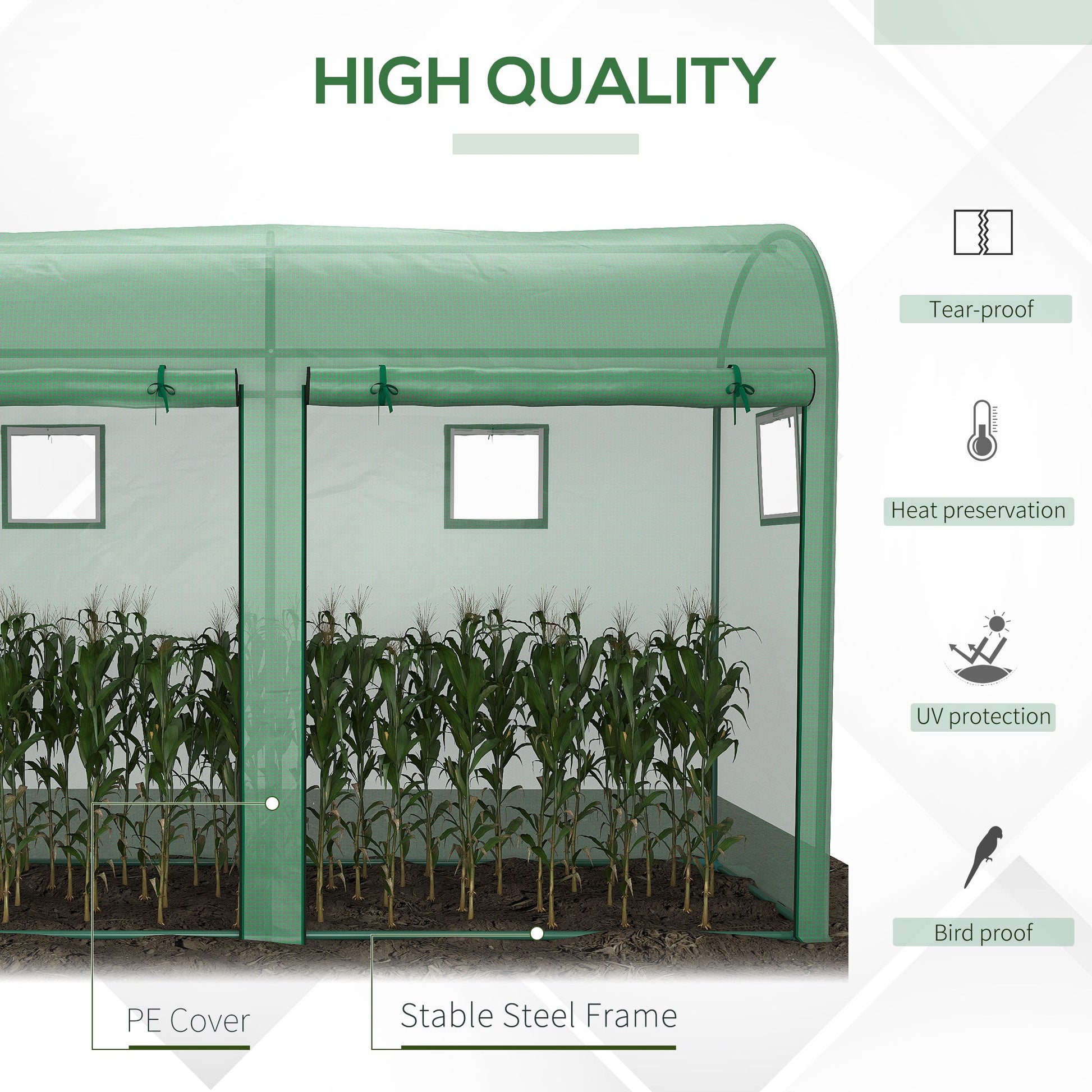 9.8' x 3.3' x 6.6' Outdoor Garden Greenhouse, Steel Frame Plant Growing Greenhouse with Double Doors and 4 Windows, PE Cover for Backyard, Patio, Green