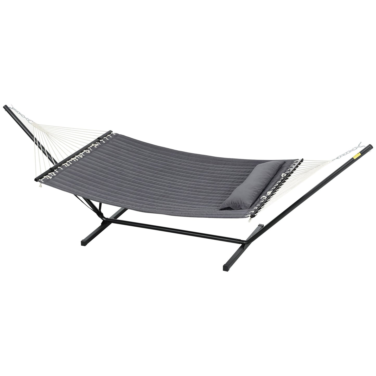 Quilted Double Hammock with Stand and Pillow, Heavy Duty 2 Person Hammock with Spreader Bars, Cotton Rope Hammock for Outdoor Camping Beach, Dark Grey