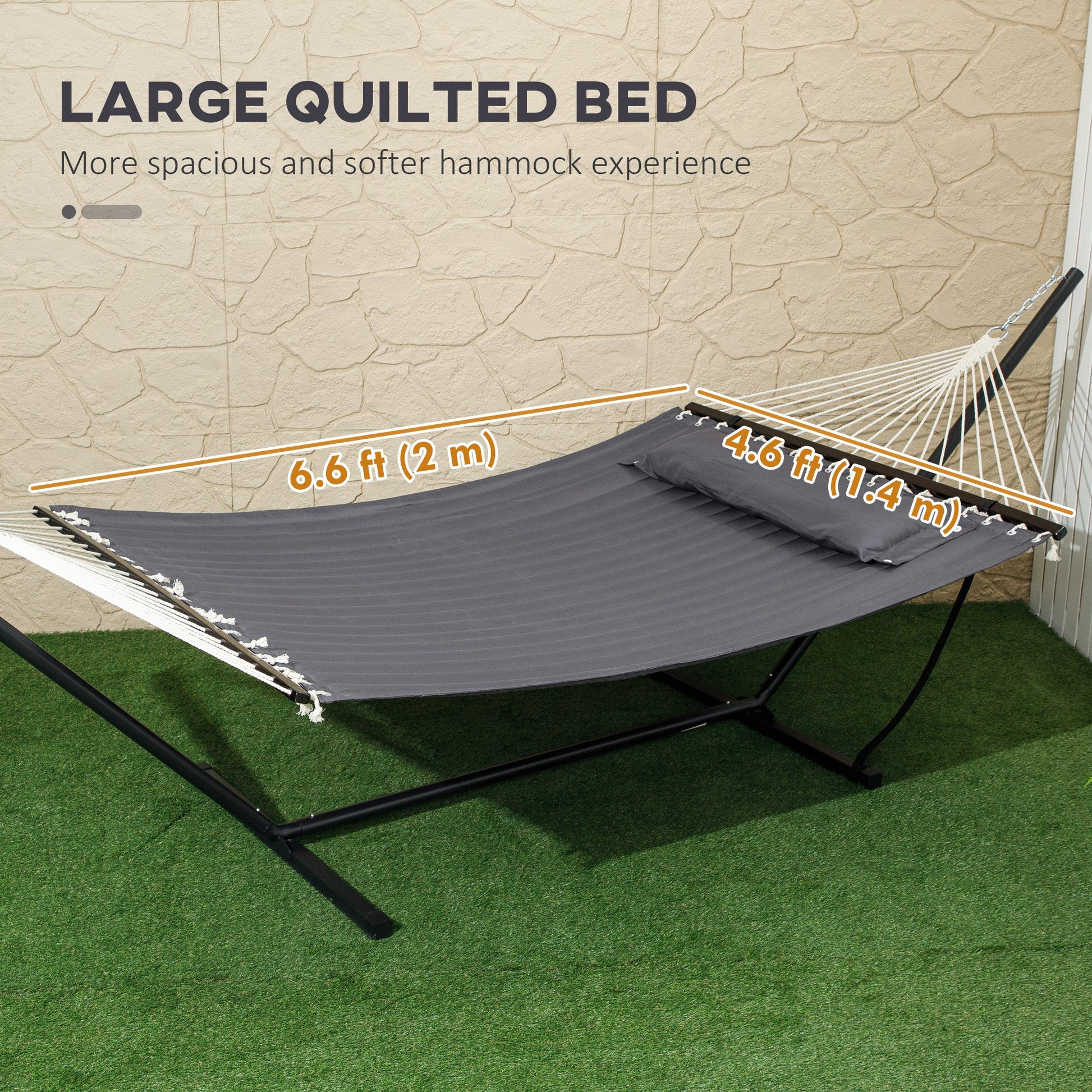 Quilted Double Hammock with Stand and Pillow, Heavy Duty 2 Person Hammock with Spreader Bars, Cotton Rope Hammock for Outdoor Camping Beach, Dark Grey