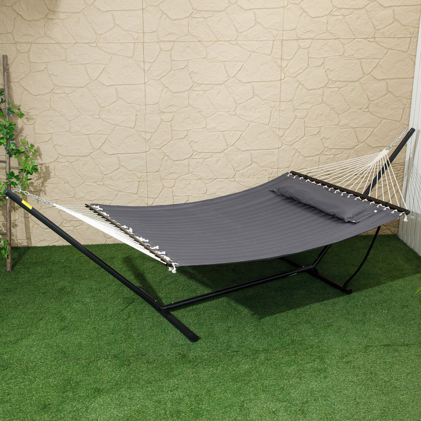 Quilted Double Hammock with Stand and Pillow, Heavy Duty 2 Person Hammock with Spreader Bars, Cotton Rope Hammock for Outdoor Camping Beach, Dark Grey