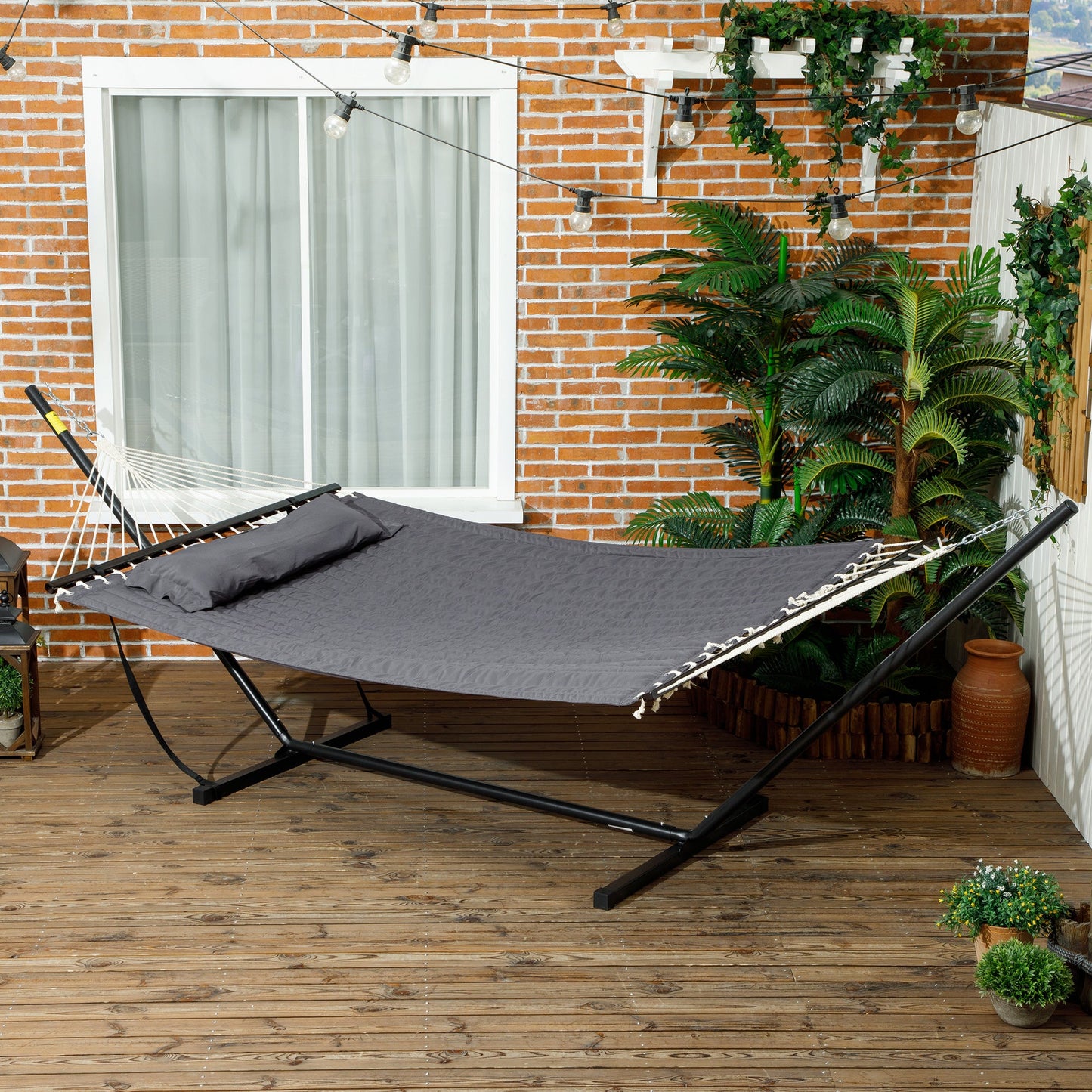 Quilted Double Hammock with Stand and Pillow, Heavy Duty 2 Person Hammock with Spreader Bars, Cotton Rope Hammock for Outdoor Camping Beach, Dark Grey