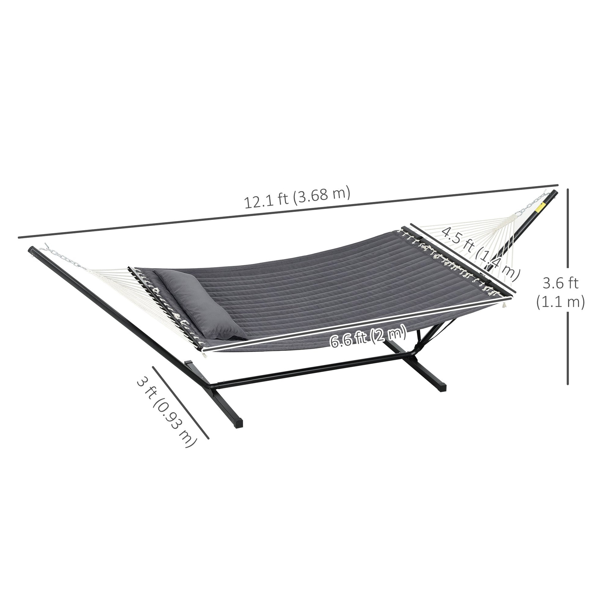 Quilted Double Hammock with Stand and Pillow, Heavy Duty 2 Person Hammock with Spreader Bars, Cotton Rope Hammock for Outdoor Camping Beach, Dark Grey