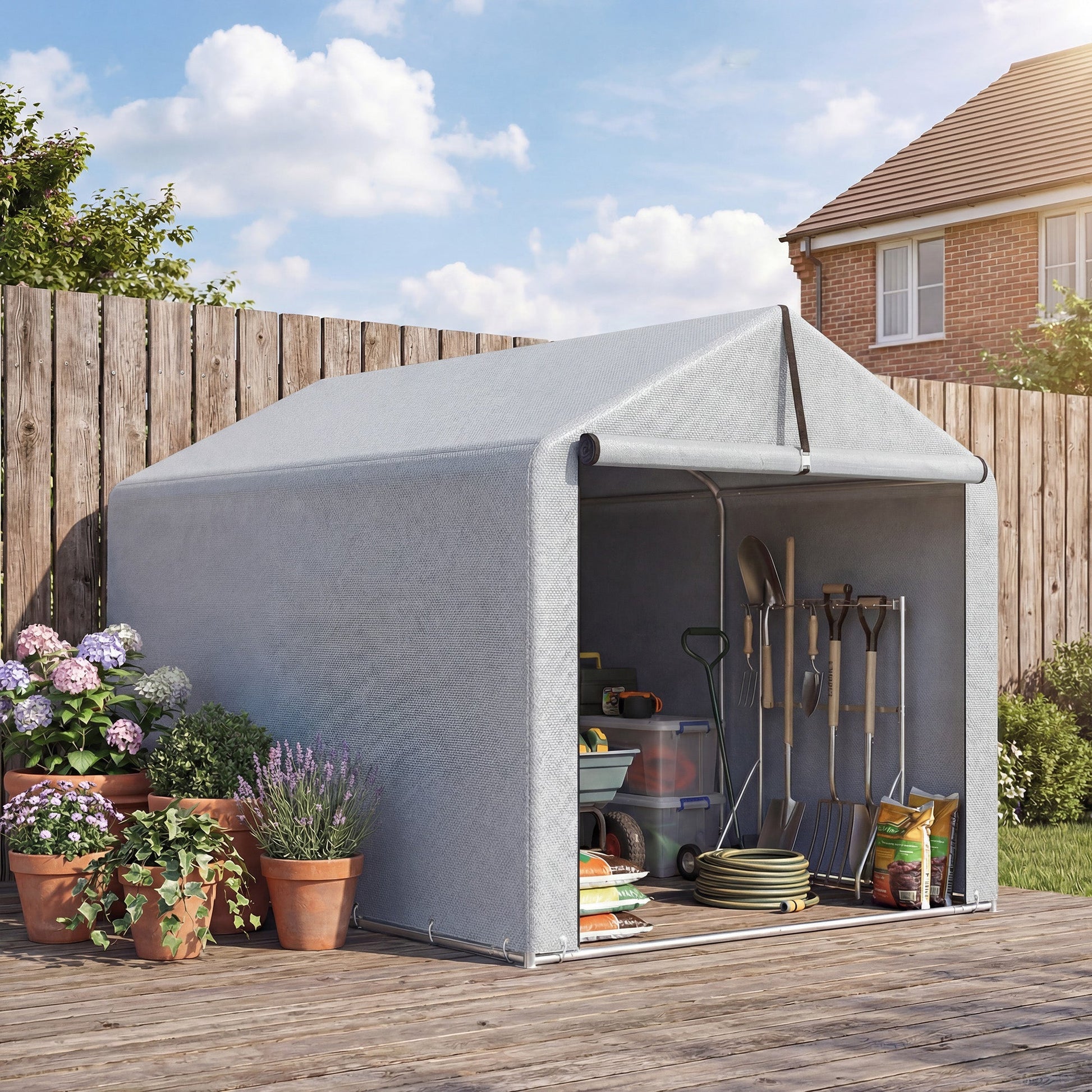 7' x 5' Portable Shed, Waterproof Bike Tent with Roll-up Zipper Door and Galvanized Steel Frame, Outdoor Storage Shed for Bike, Firewood, Garden Tools, Light Grey