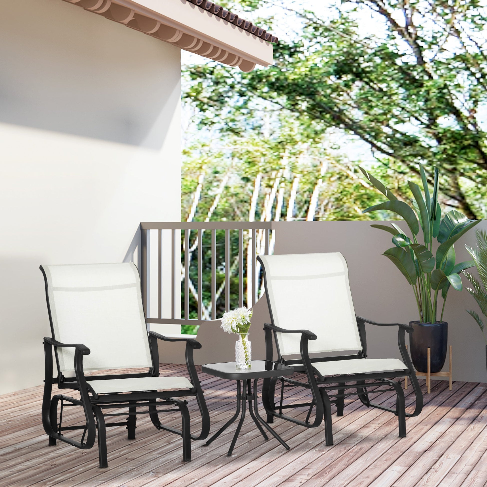 3PCs Glider Rocking Chairs with Table, Outdoor Gliders with Steel Frame, Mesh Seat, Tempered Glass Table Top for Patio, Garden, Backyard, Deck, Porch, Cream White