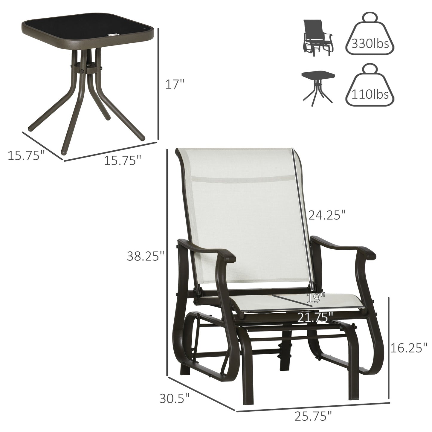 3PCs Glider Rocking Chairs with Table, Outdoor Gliders with Steel Frame, Mesh Seat, Tempered Glass Table Top for Patio, Garden, Backyard, Deck, Porch, Cream White
