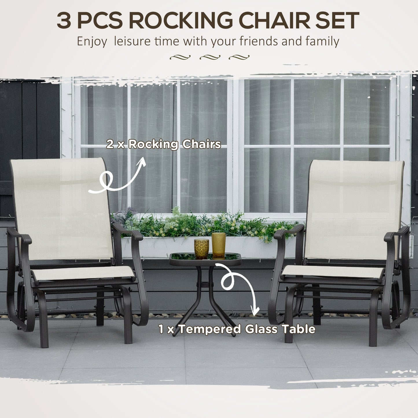 3PCs Glider Rocking Chairs with Table, Outdoor Gliders with Steel Frame, Mesh Seat, Tempered Glass Table Top for Patio, Garden, Backyard, Deck, Porch, Cream White