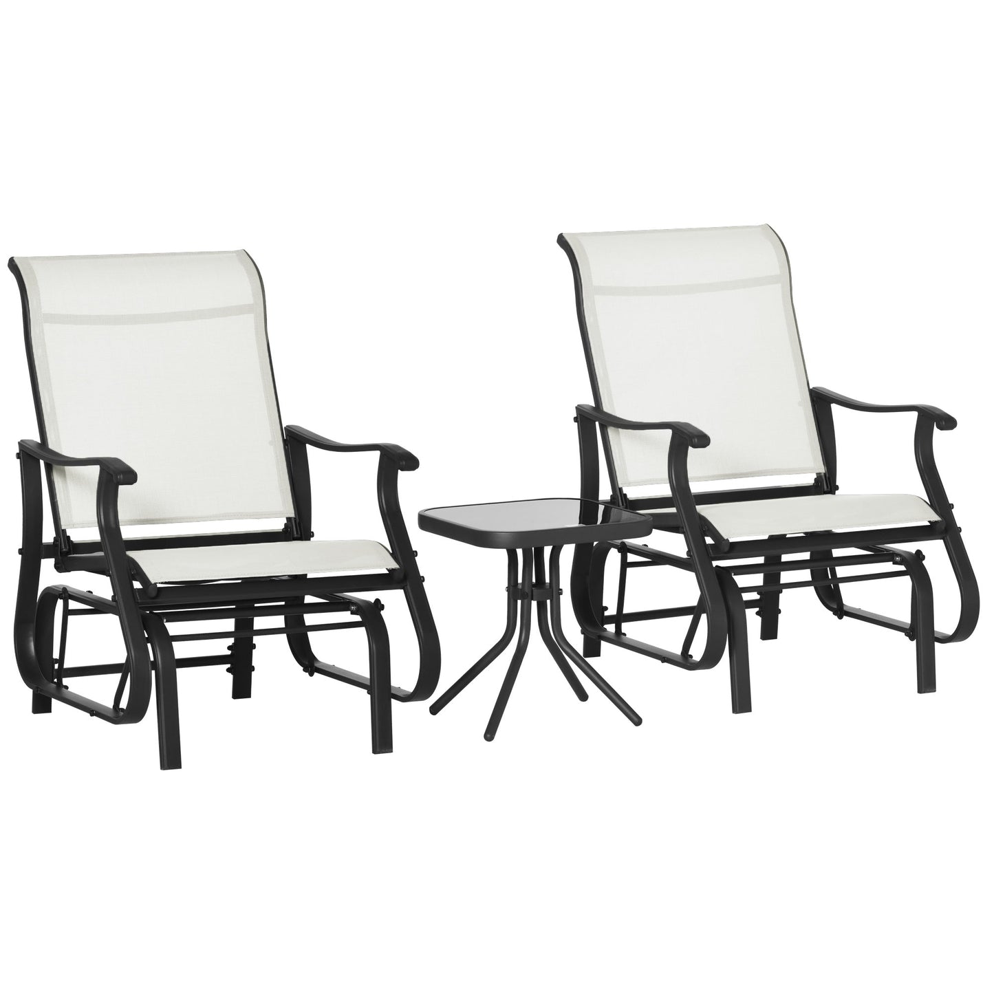 3PCs Glider Rocking Chairs with Table, Outdoor Gliders with Steel Frame, Mesh Seat, Tempered Glass Table Top for Patio, Garden, Backyard, Deck, Porch, Cream White