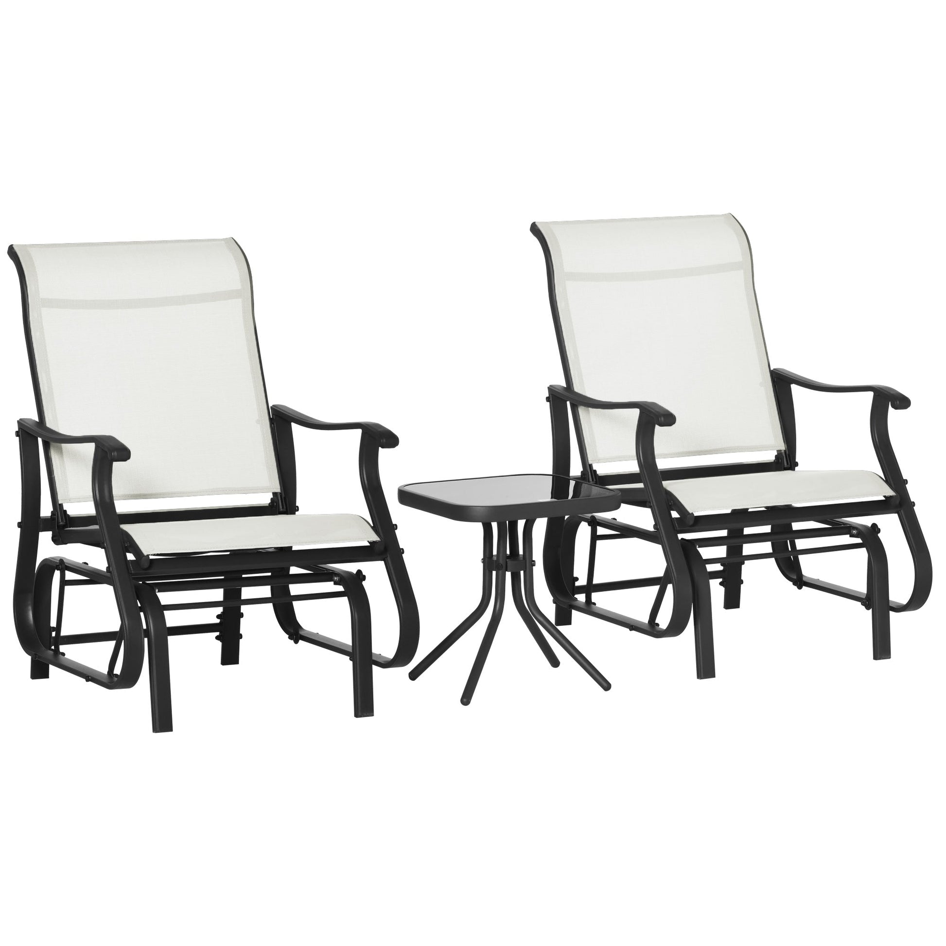 3PCs Glider Rocking Chairs with Table, Outdoor Gliders with Steel Frame, Mesh Seat, Tempered Glass Table Top for Patio, Garden, Backyard, Deck, Porch, Cream White