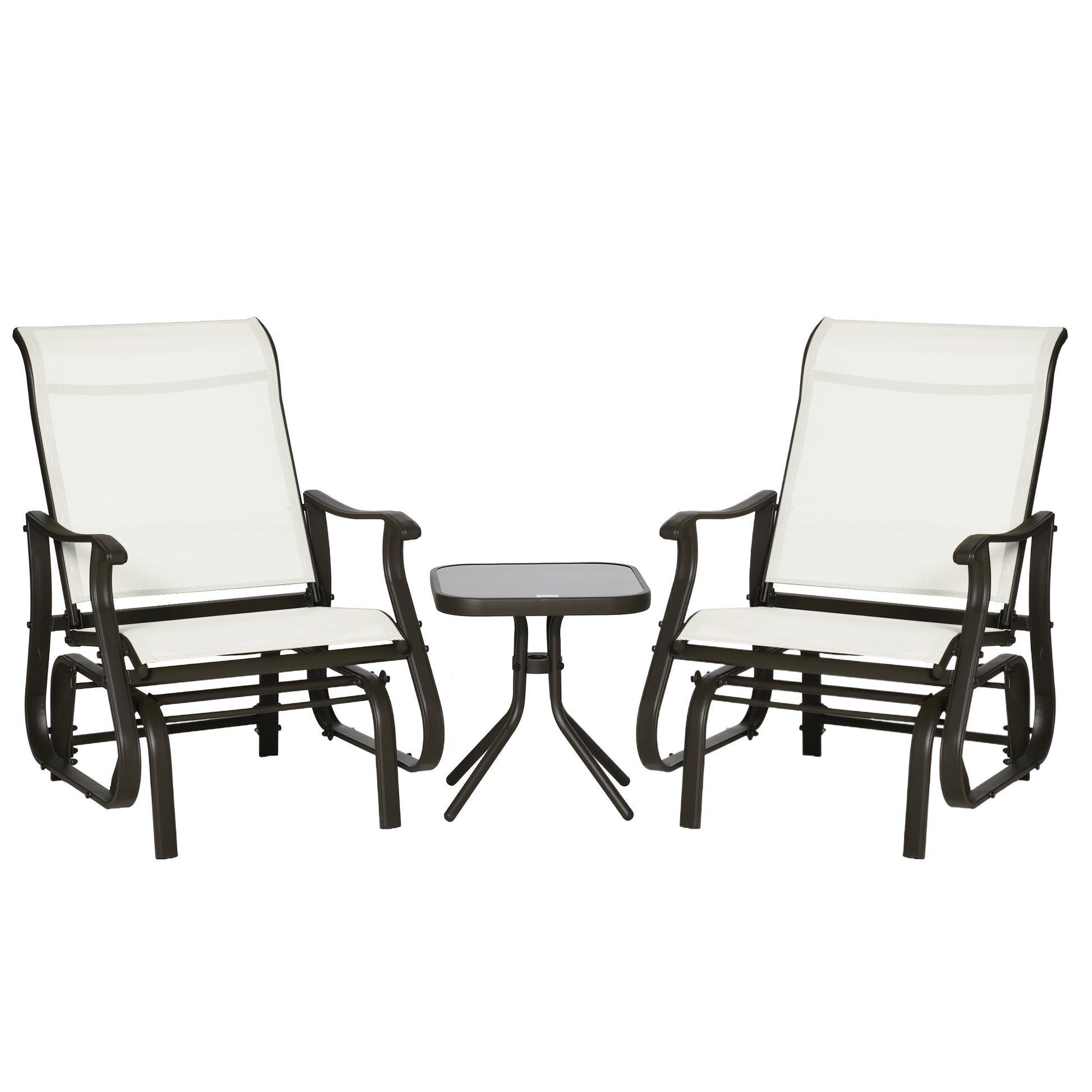3PCs Glider Rocking Chairs with Table, Outdoor Gliders with Steel Frame, Mesh Seat, Tempered Glass Table Top for Patio, Garden, Backyard, Deck, Porch, Cream White